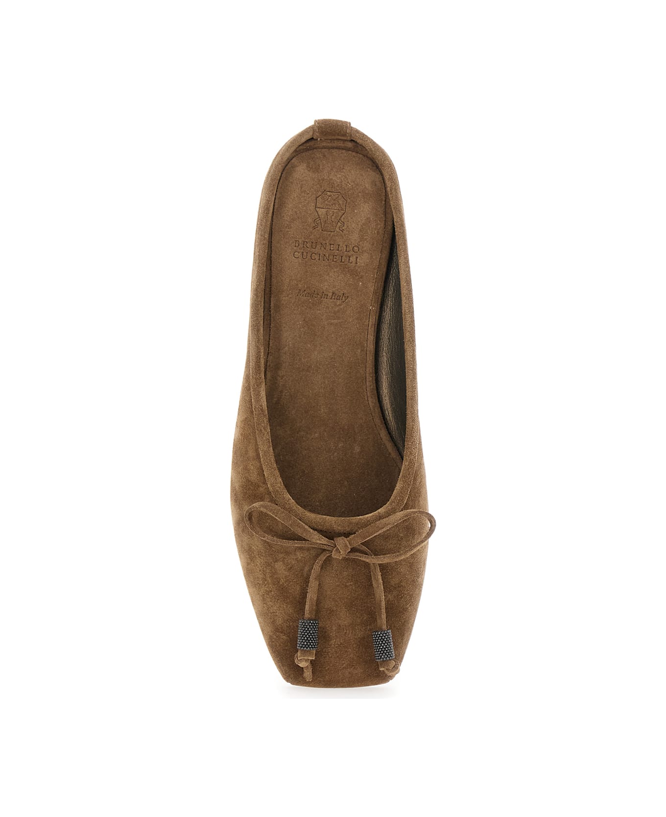 Brunello Cucinelli Beige Ballet Shoes With Square Toe And Bow With Monil Detail In Leather Woman - Beige