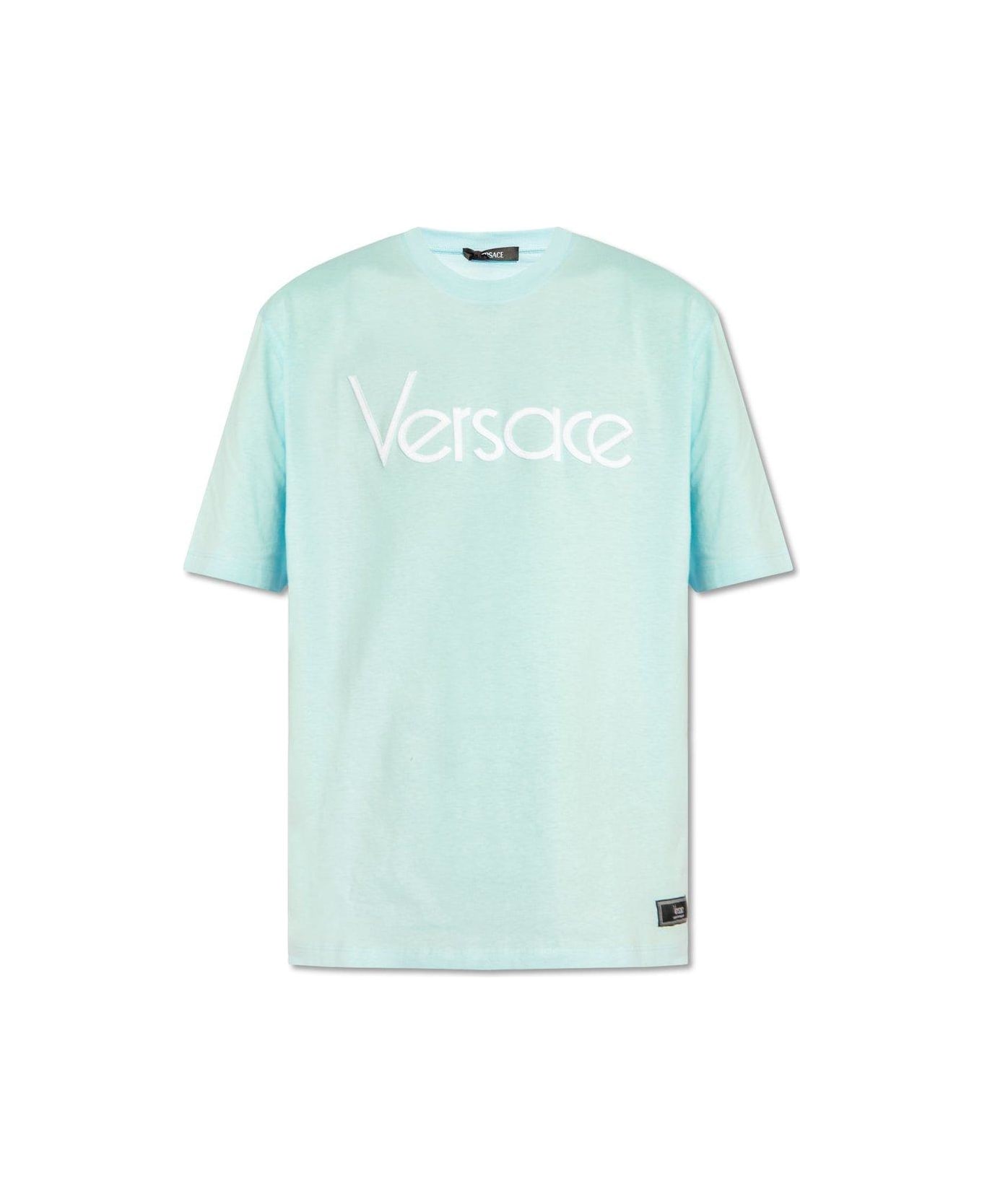 Versace Logo-embroidered Crewneck T-shirt - Pale Blue シャツ