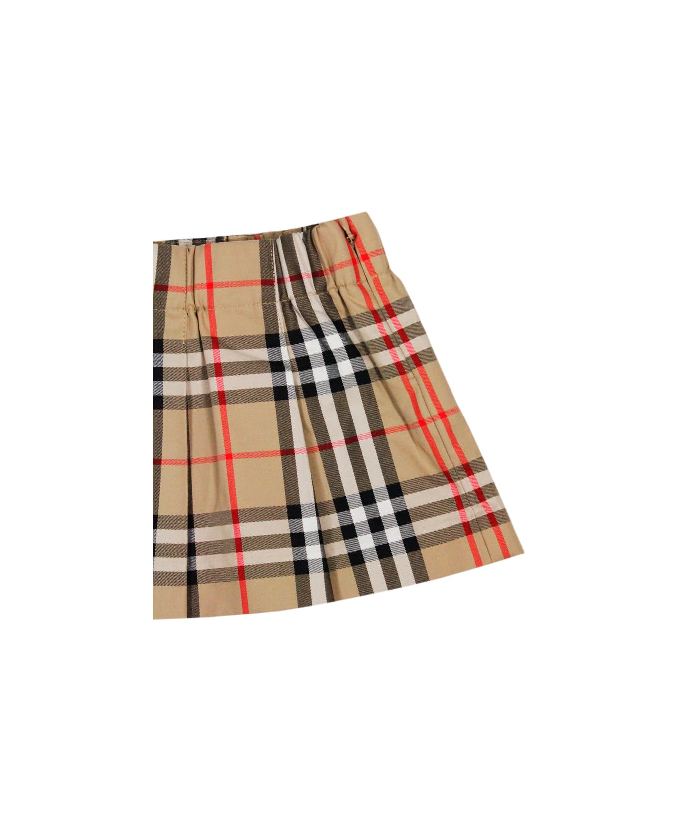 Burberry Pleated Cotton Skirt With Check Pattern With Elastic Waist And Side Zip Closure - Beige