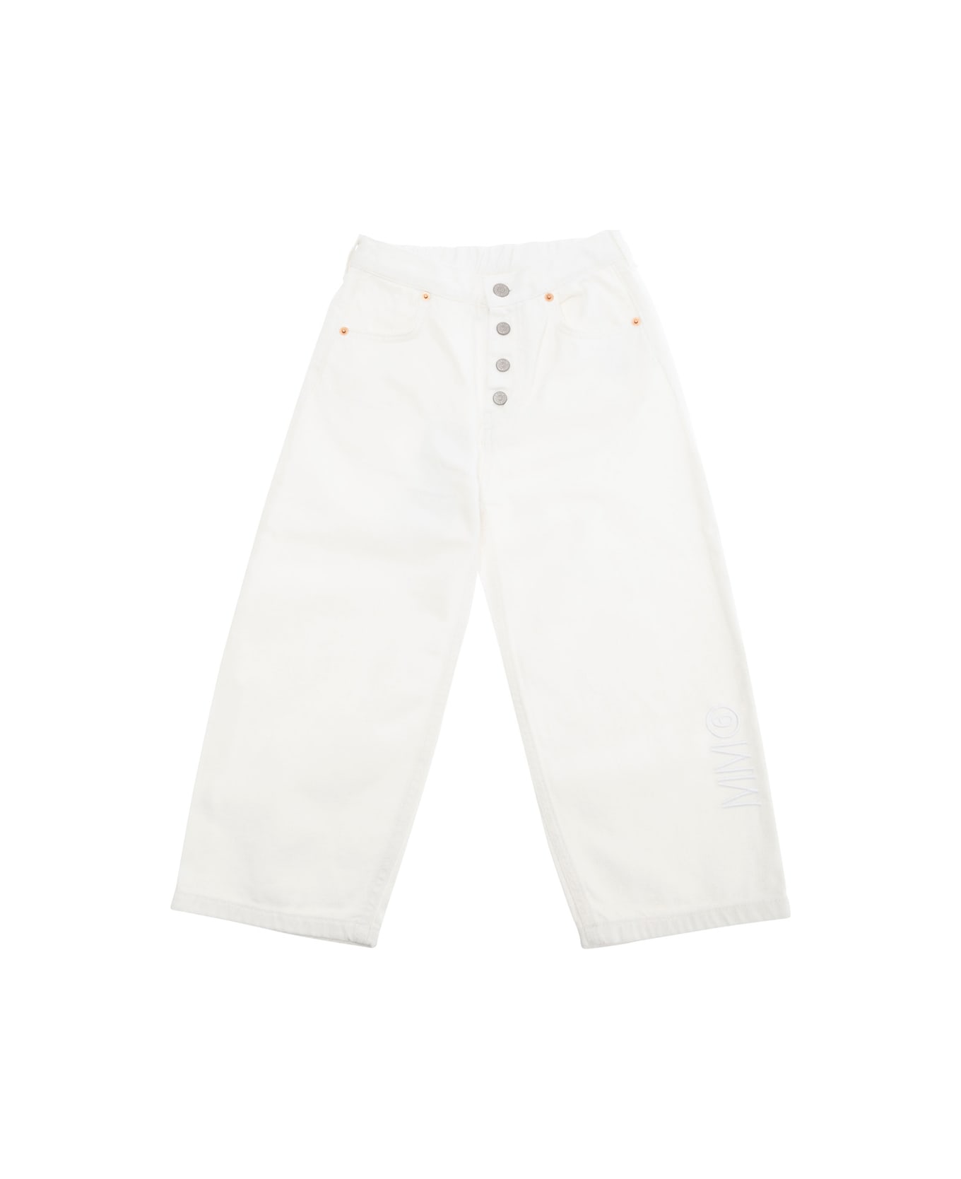 MM6 Maison Margiela White Pants With Elastic Waist And Logo Lettering Embroidery On The Side In Denim Boy - White
