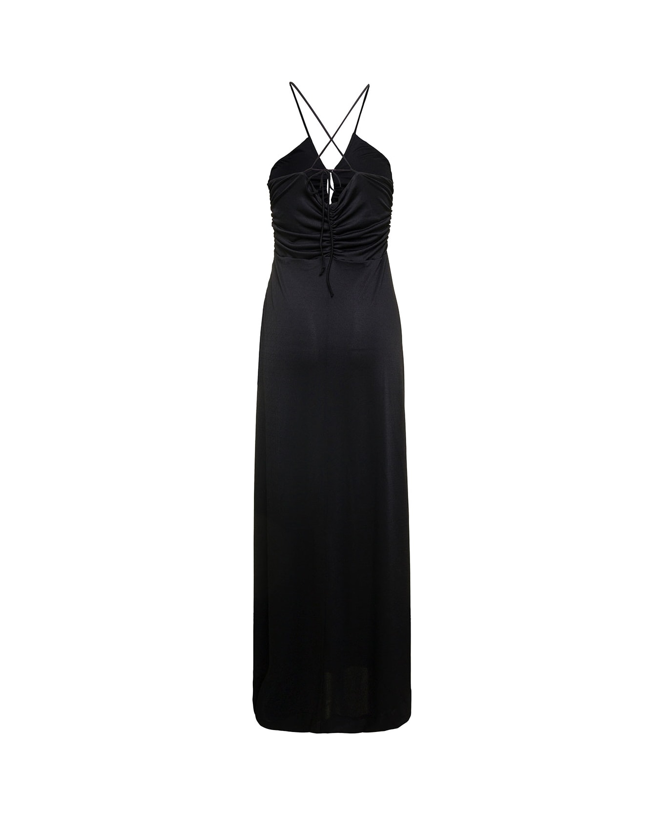 Ganni Maxi Black Dress With Drawstring And Criss-cross Straps In Jersey Woman - Black