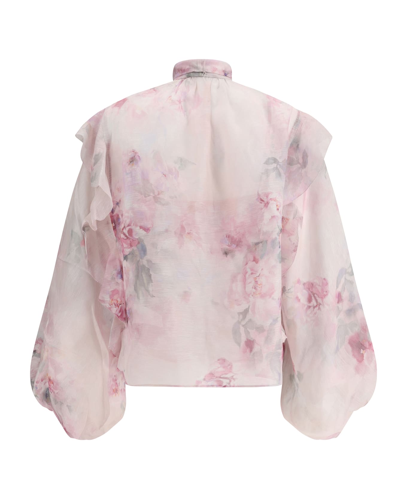 Zimmermann Crush Tie Neck Ruffle Blouse - Pink Floral