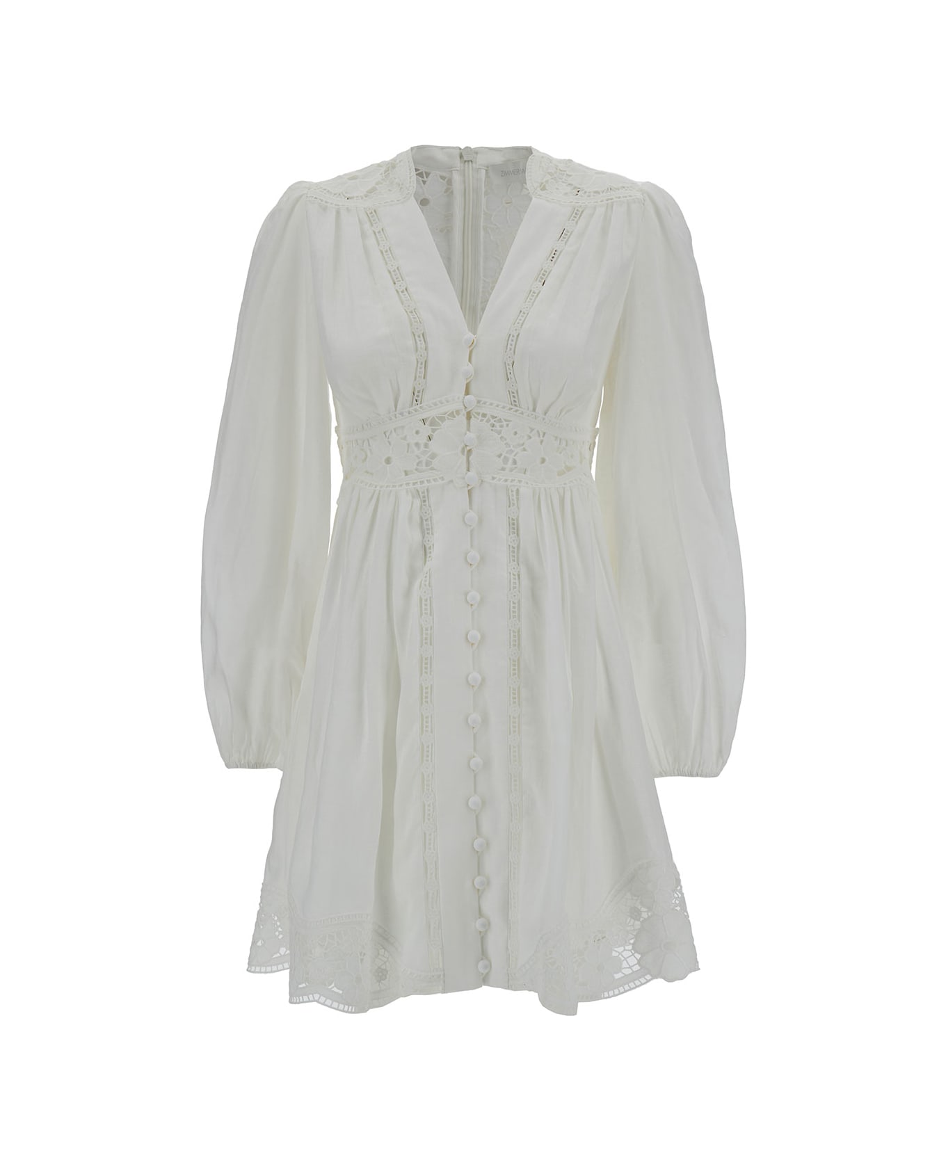 Zimmermann Mini White Dress With Embroideries And Puff Sleeves In Linen Woman - White