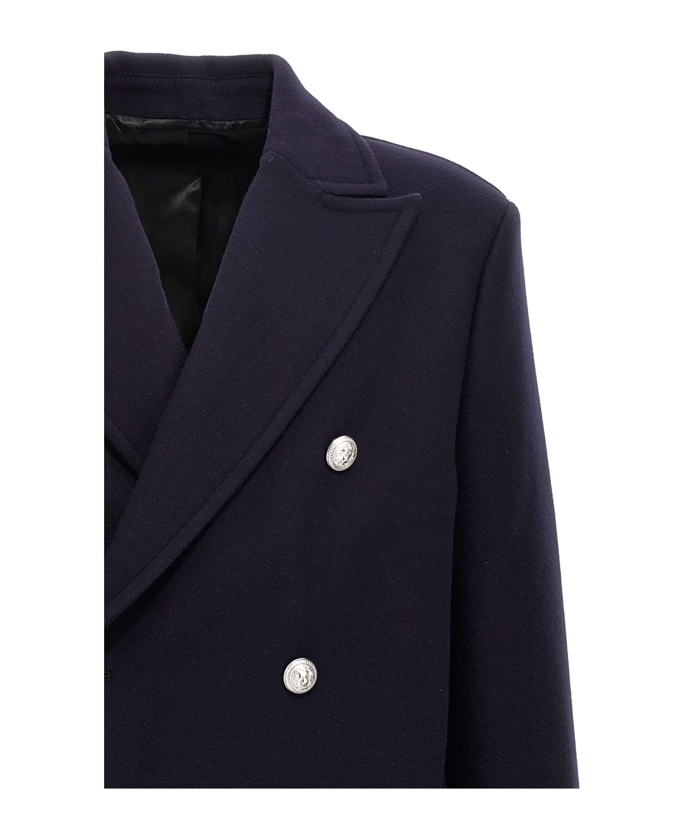 Balmain Double-breasted Coat With Logo Buttons - MARINE コート