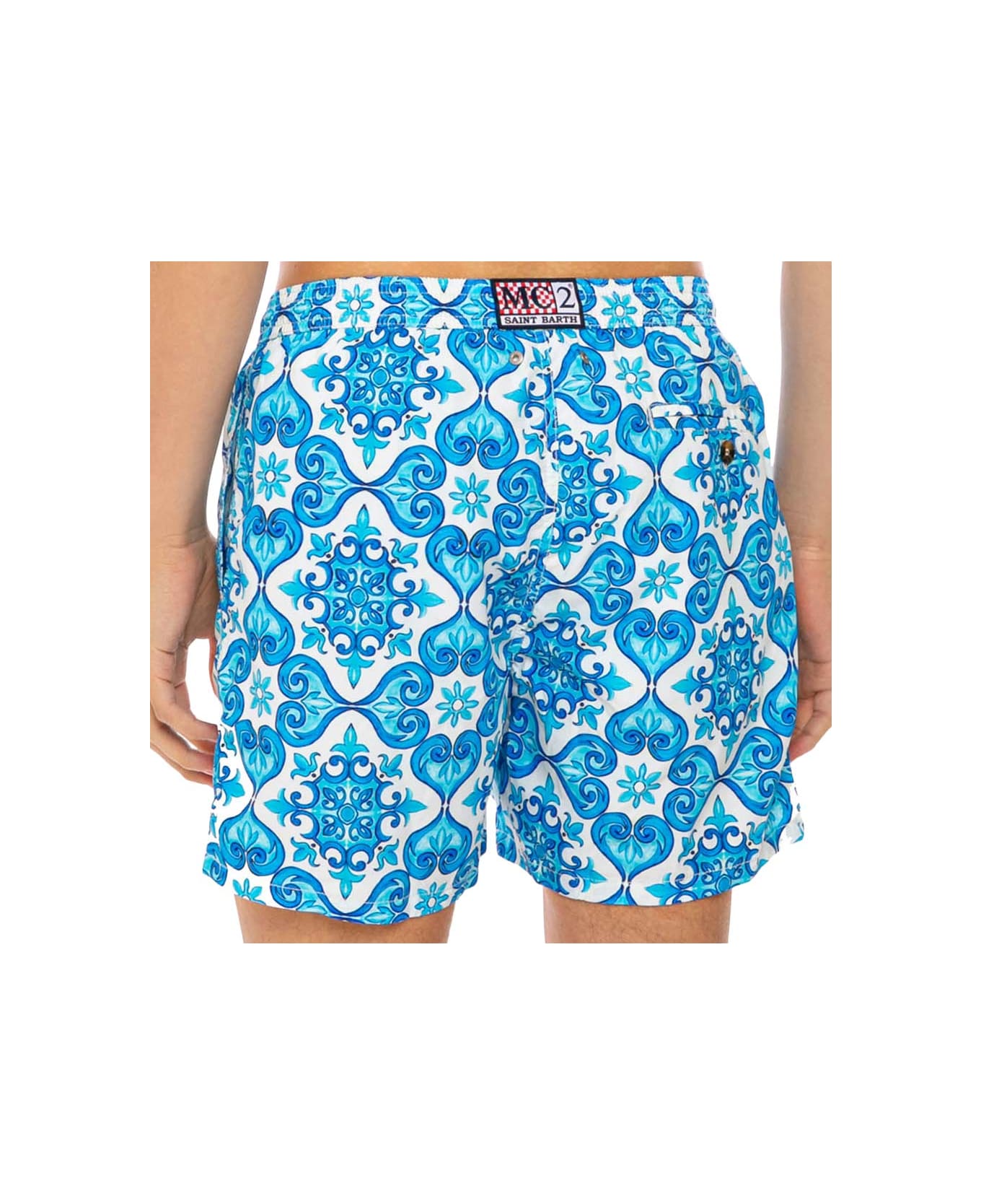 MC2 Saint Barth Light Fabric Man Swim Shorts Maiolica Print - BLUE スイムトランクス
