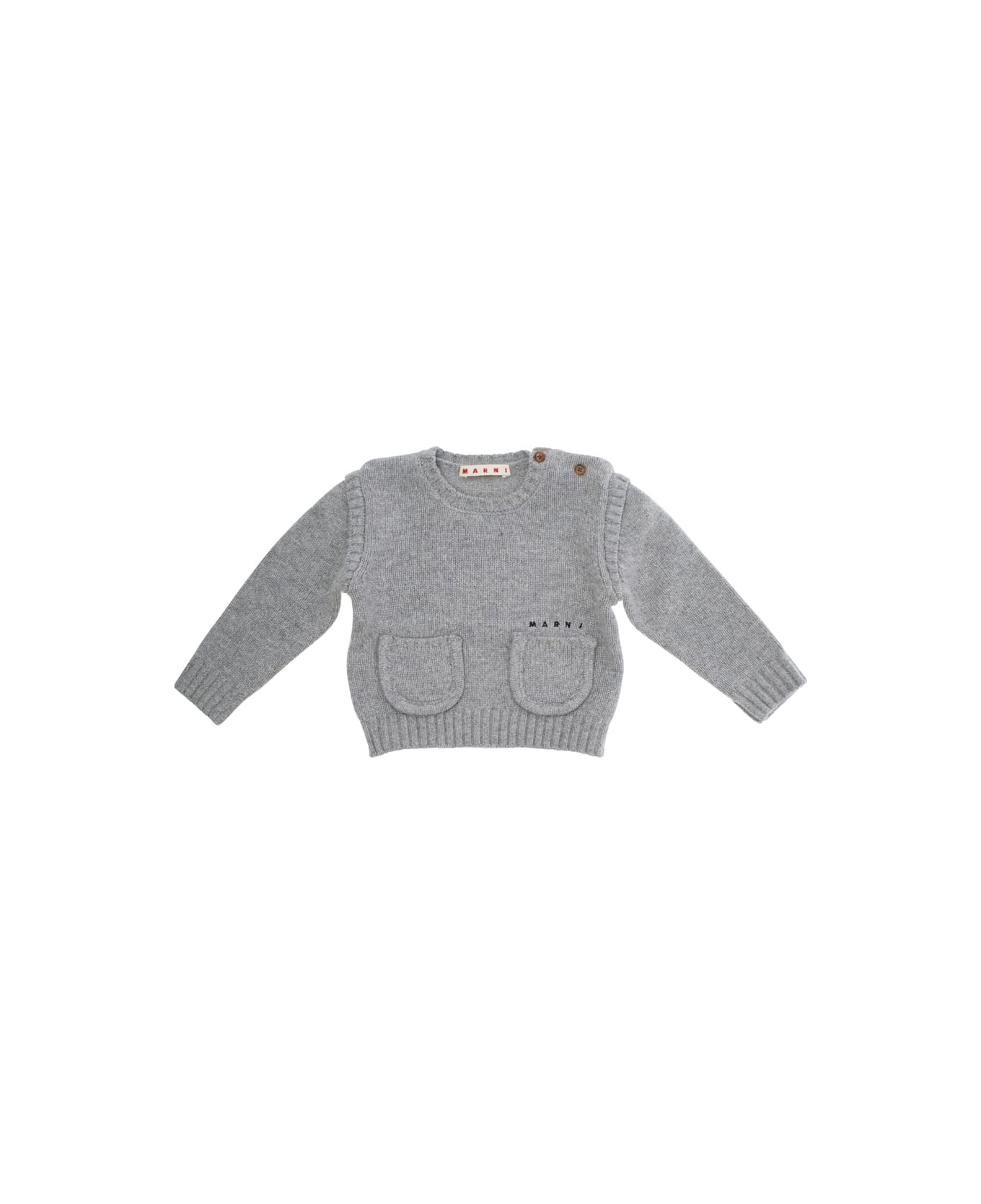 Marni Grey Crew Neck Sweater With Logo Lettering On The Front In Wool Blend Baby - Grey