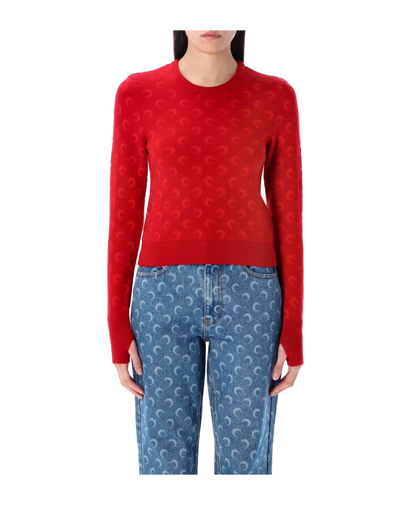 Marine Serre Moon Jacquard Knit Fitted Sweater - RED