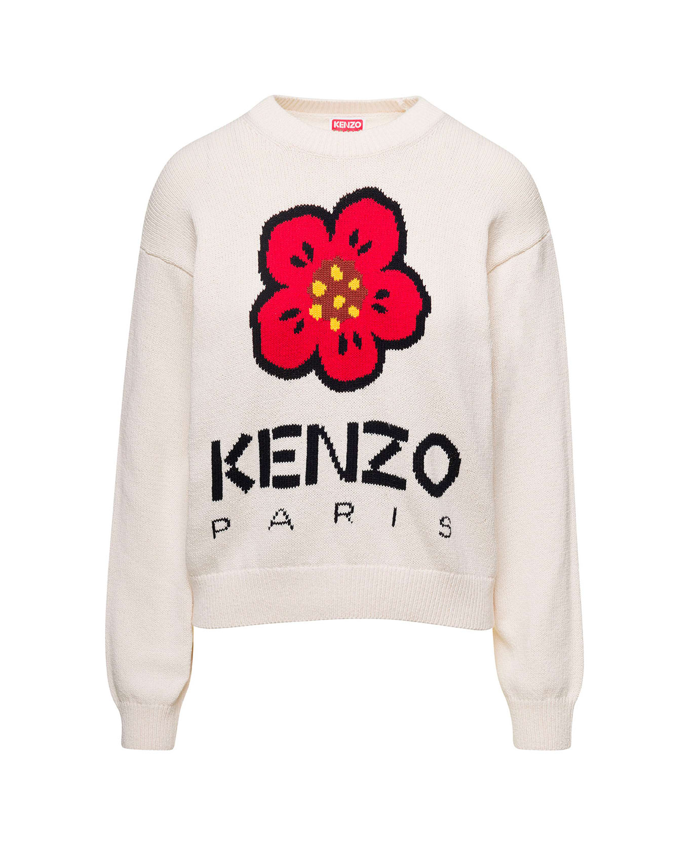 Kenzo White Crewneck Kint Jumper With Boke Flower And Logo In Cototn Blend Woman - White