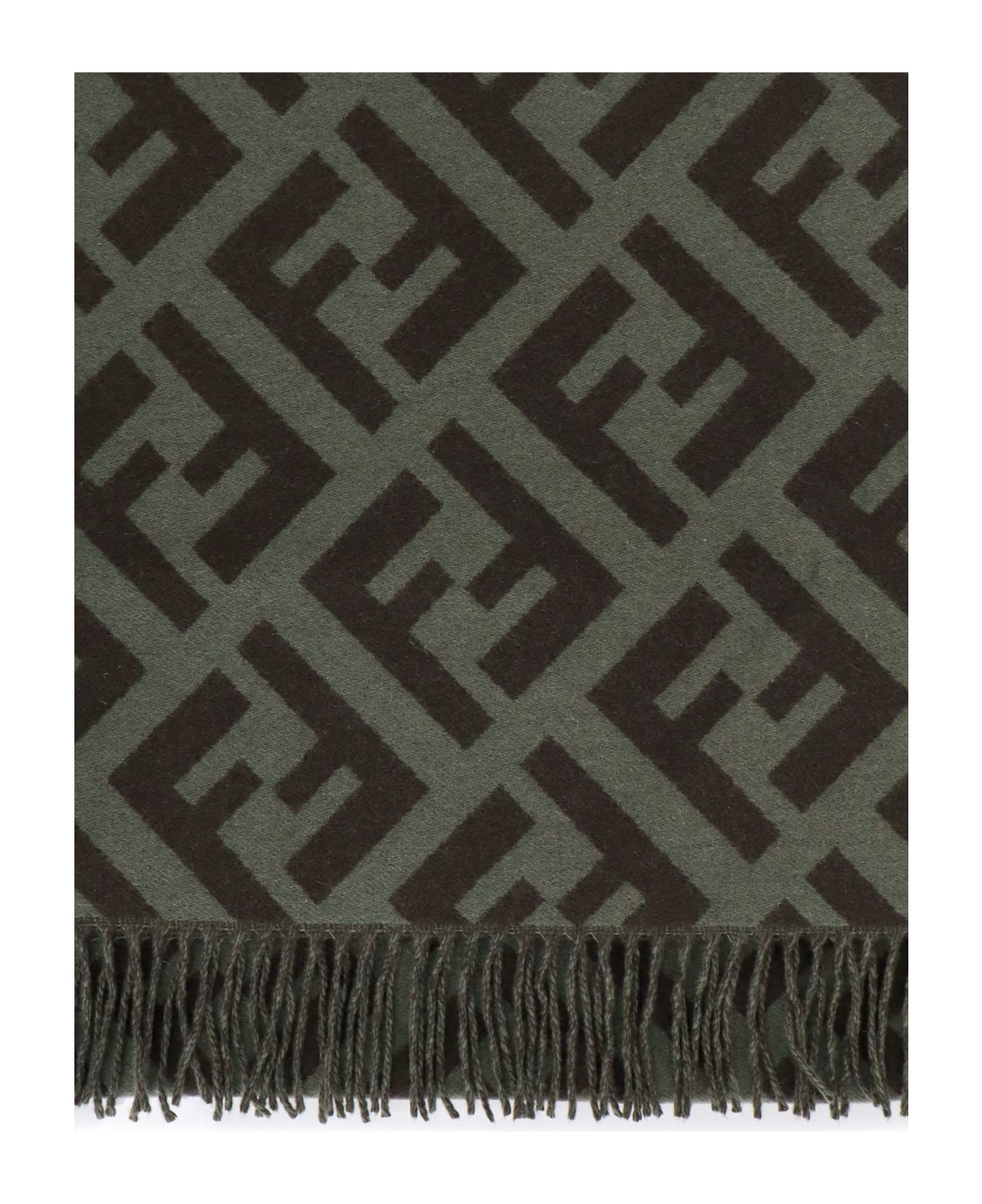 Fendi Logo Wool Scarf With Fringes - Green