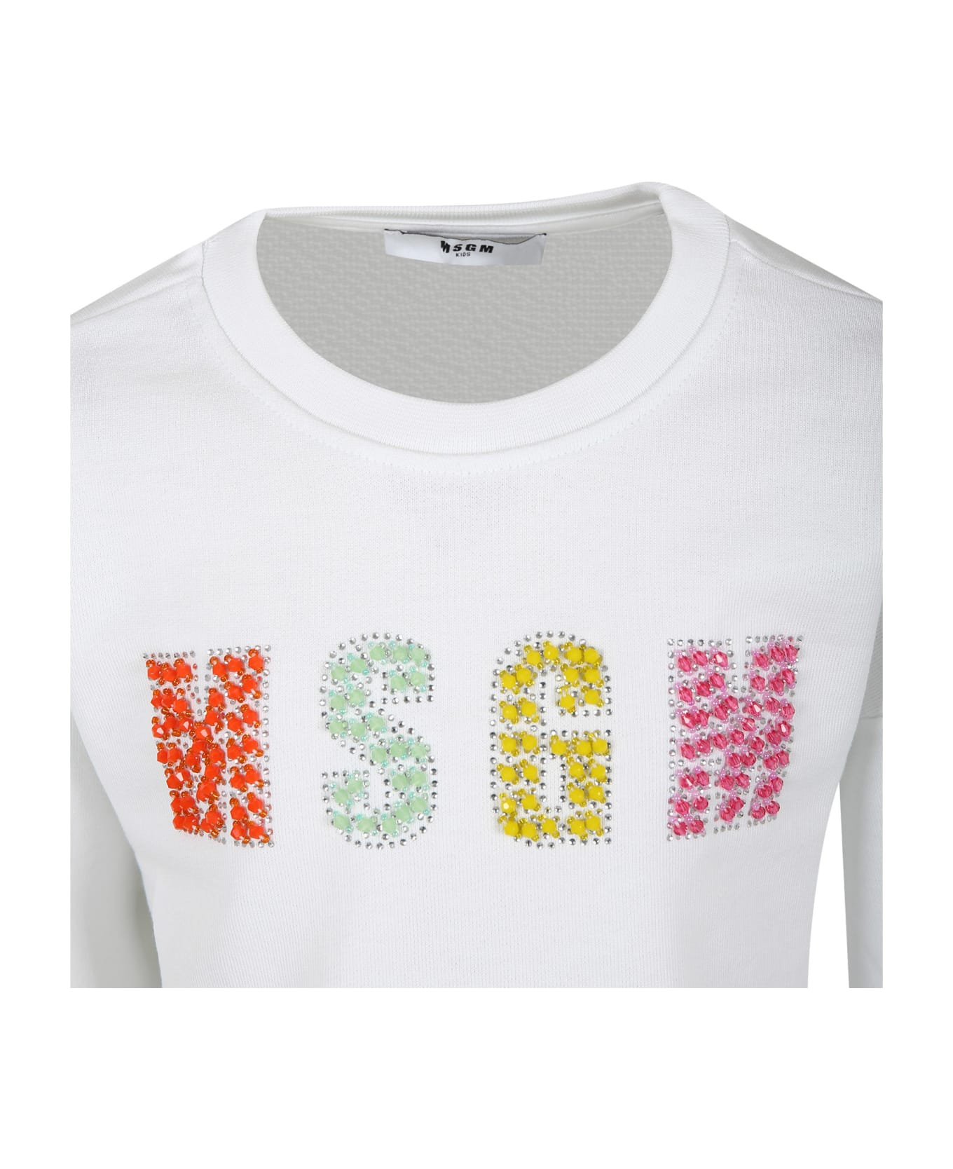 MSGM White Sweatshirt For Girl With Rhinestones And Multicolor Stones - White