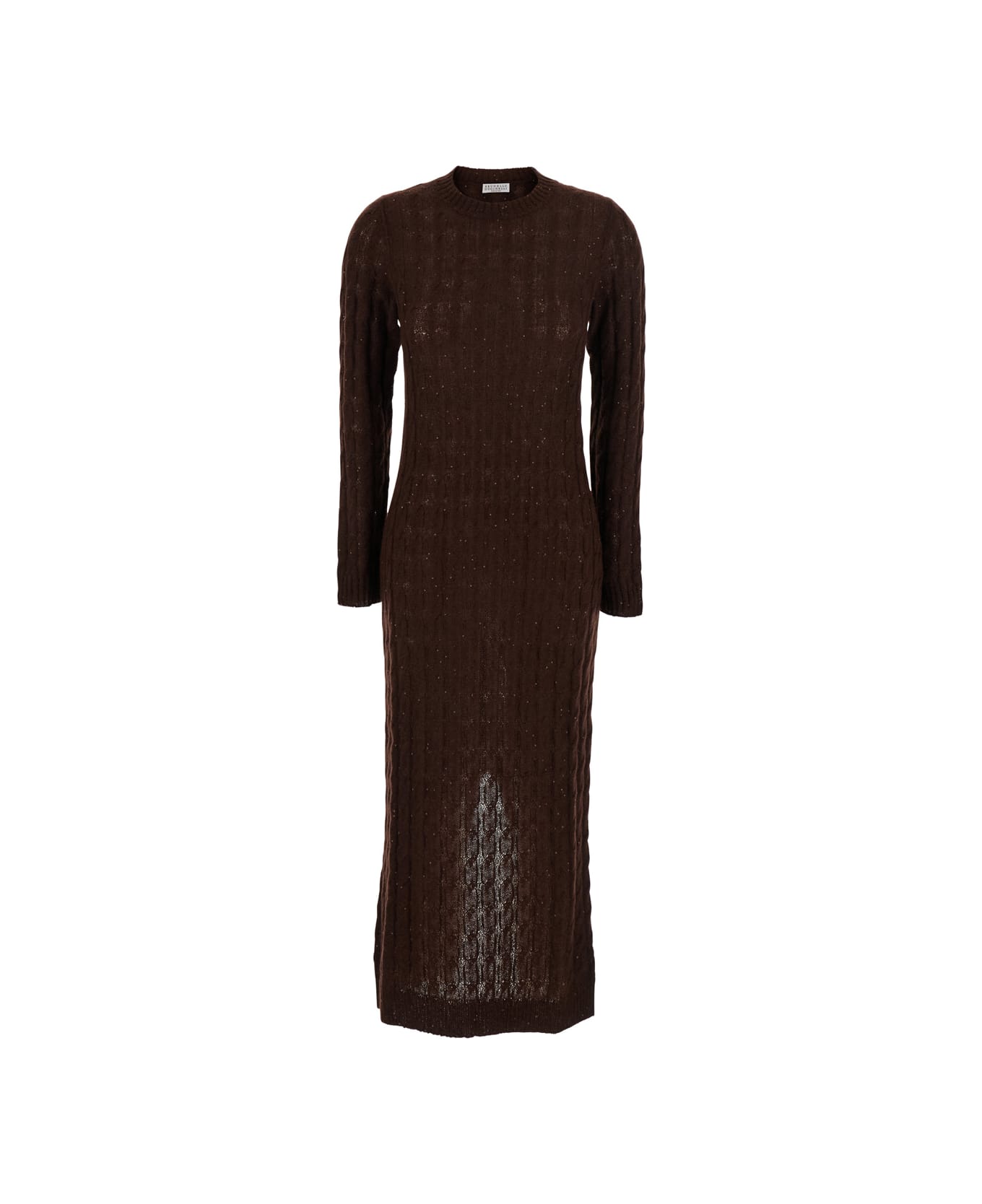 Brunello Cucinelli Brown Crewneck Dress With All-over Sequin Embellishments In Wool Blend Woman - Brown