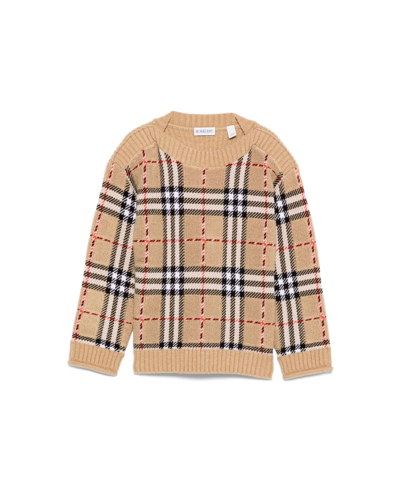 Burberry Kids Beige Signature Check Pattern Long Sleeves Crew Neck Wool Knitted - Beige