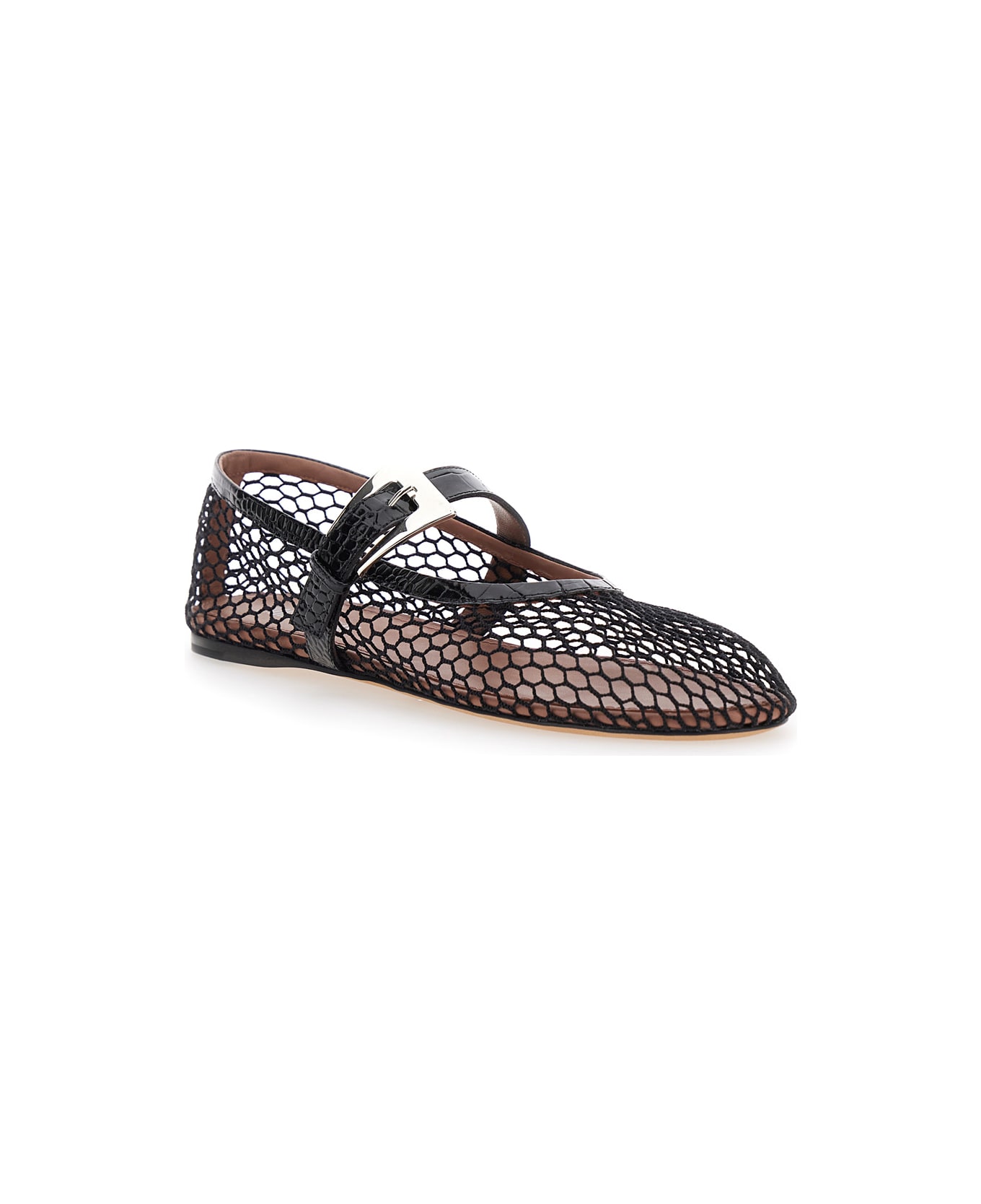 Paris Texas 
sveva
 Black Ballet Flats With Mesh Design And Buckle Closure In Fabric And Leather Woman - Black