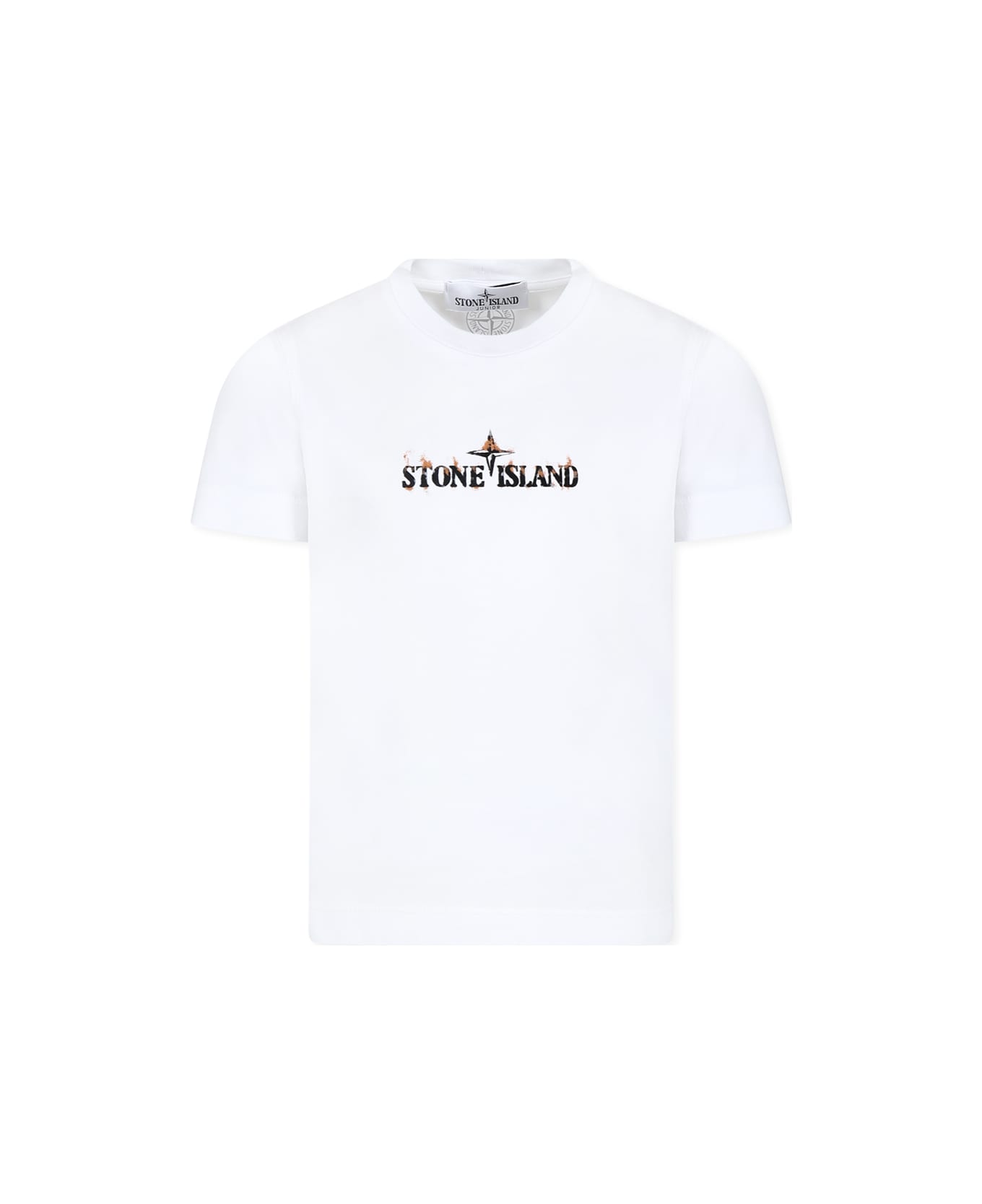 Stone Island White T-shirt For Boy With Logo - White