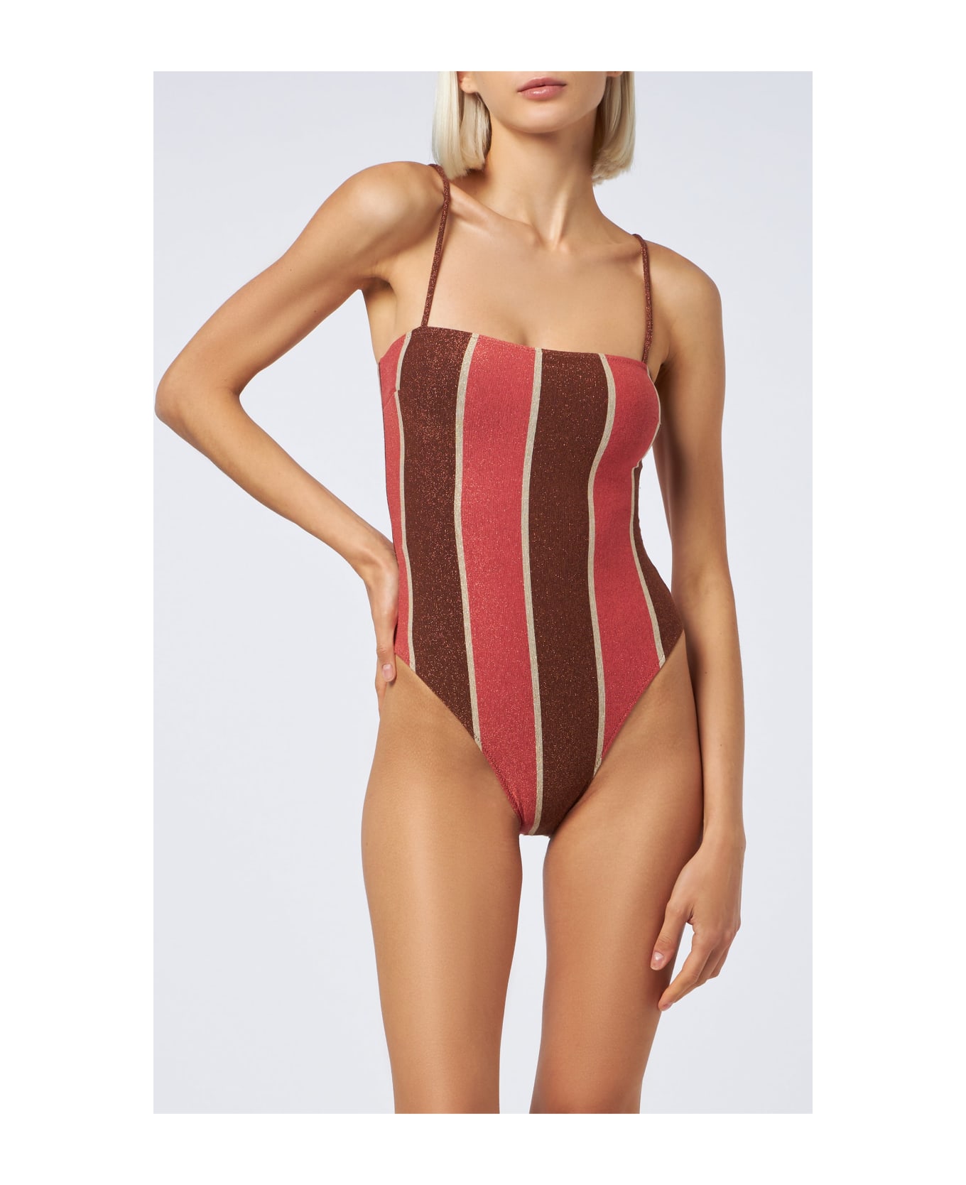 MC2 Saint Barth Brown And Pink Striped Lurex One-piece Swimsuit Blume - BROWN