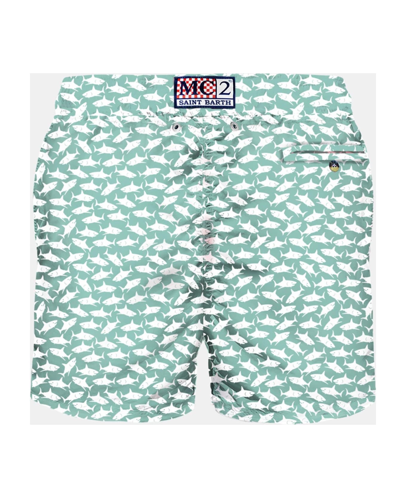 MC2 Saint Barth Man Light Fabric Swim Shorts With Sharks Print - GREEN