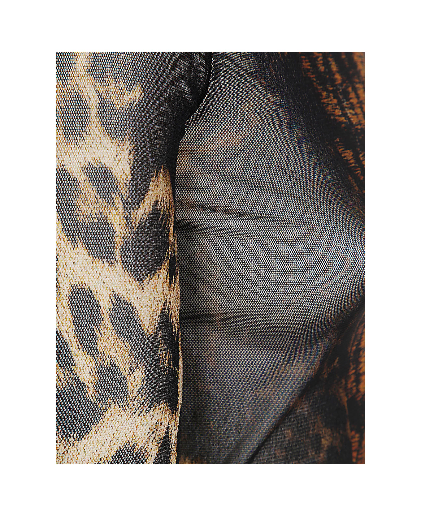 Jean Paul Gaultier Mesh Long Sleeve Top Printed "leopard" With Lace Label - Beige Brown Dark Brown Black