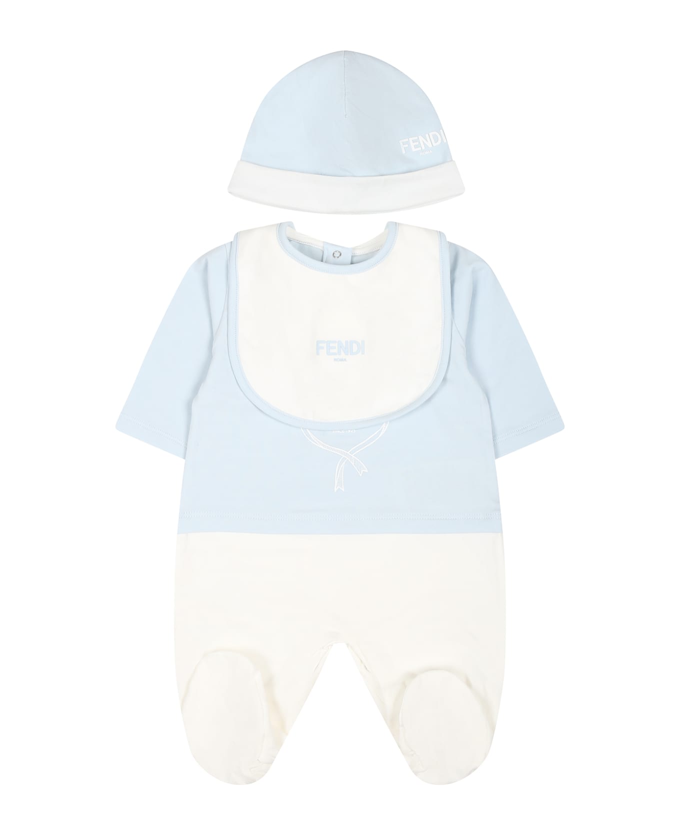 Fendi Light Blue Babygrow Set For Baby Boy With Fendi Emblem - Light Blue ボディスーツ＆セットアップ
