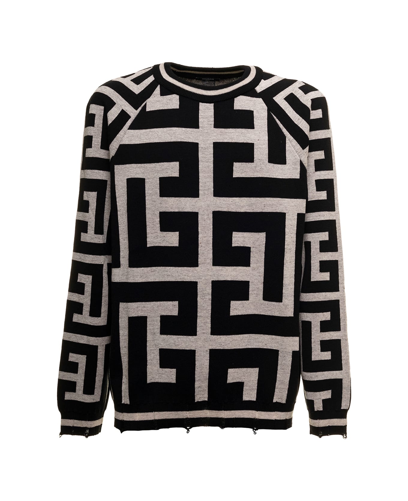 Balmain Monogram Merino Wool And Linen White And Black Sweater Balmain Man - Black