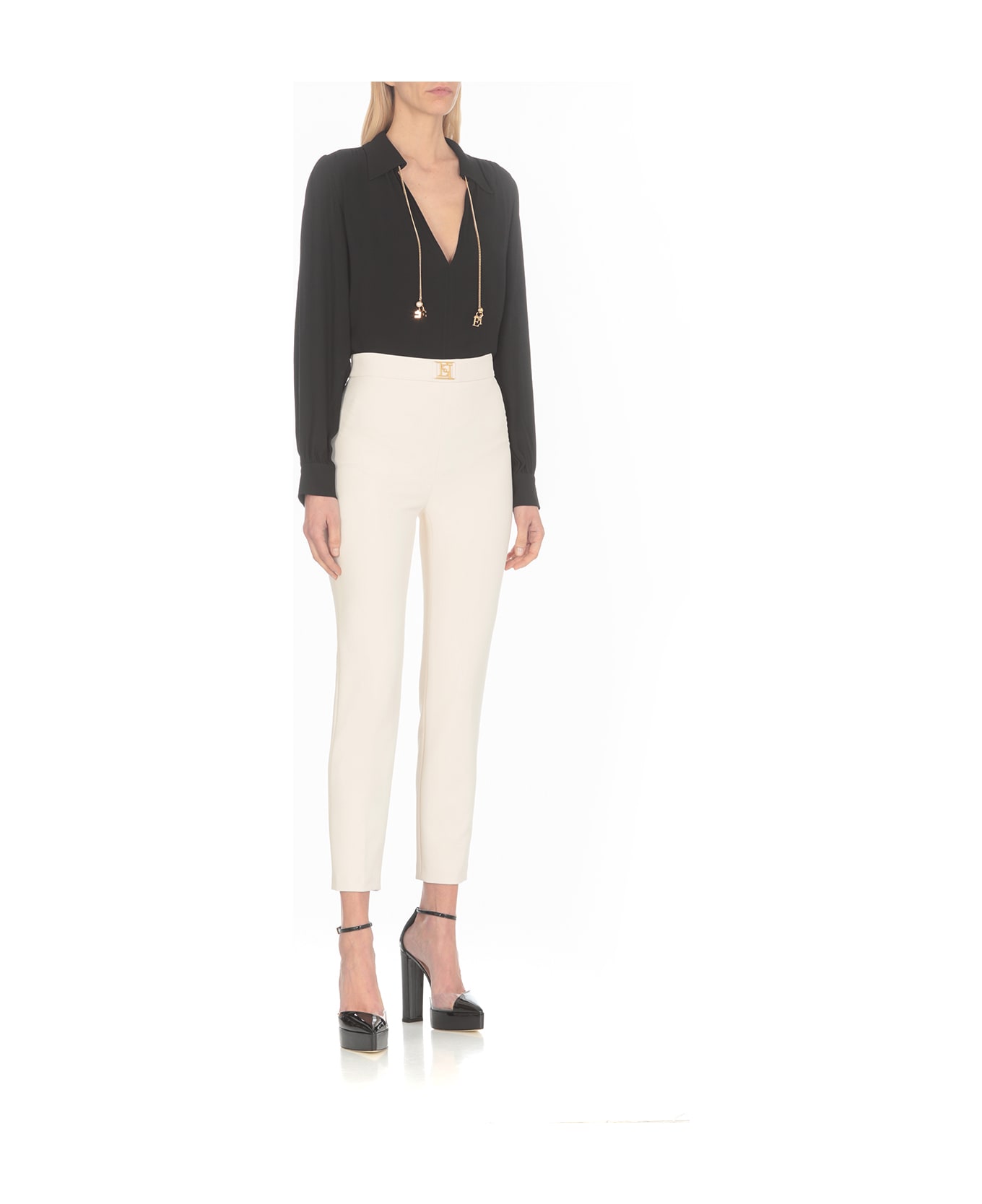 Elisabetta Franchi Straight Stretch Crepe Trousers - Ivory ボトムス