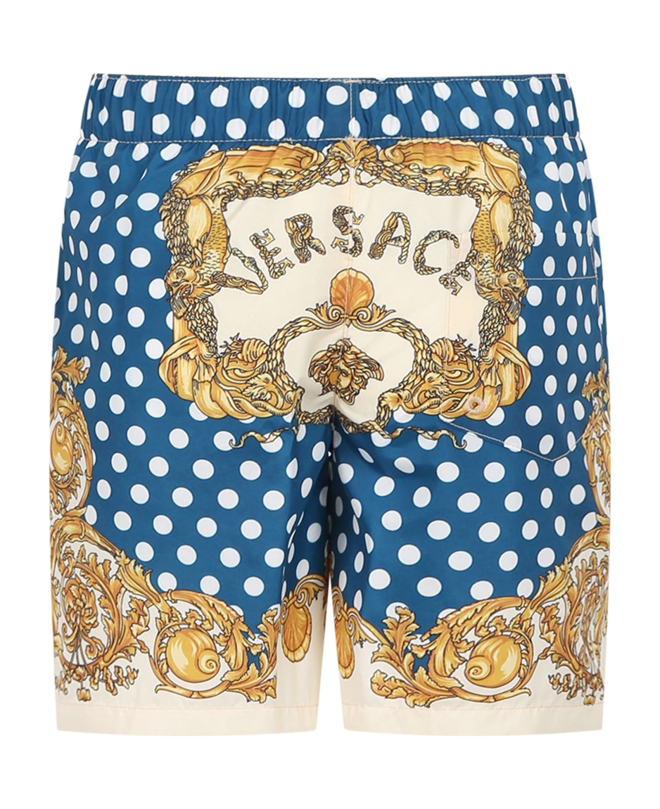 Versace Light Blue Swim Boxer For Boy With Polka Dots And Logo - Light Blue