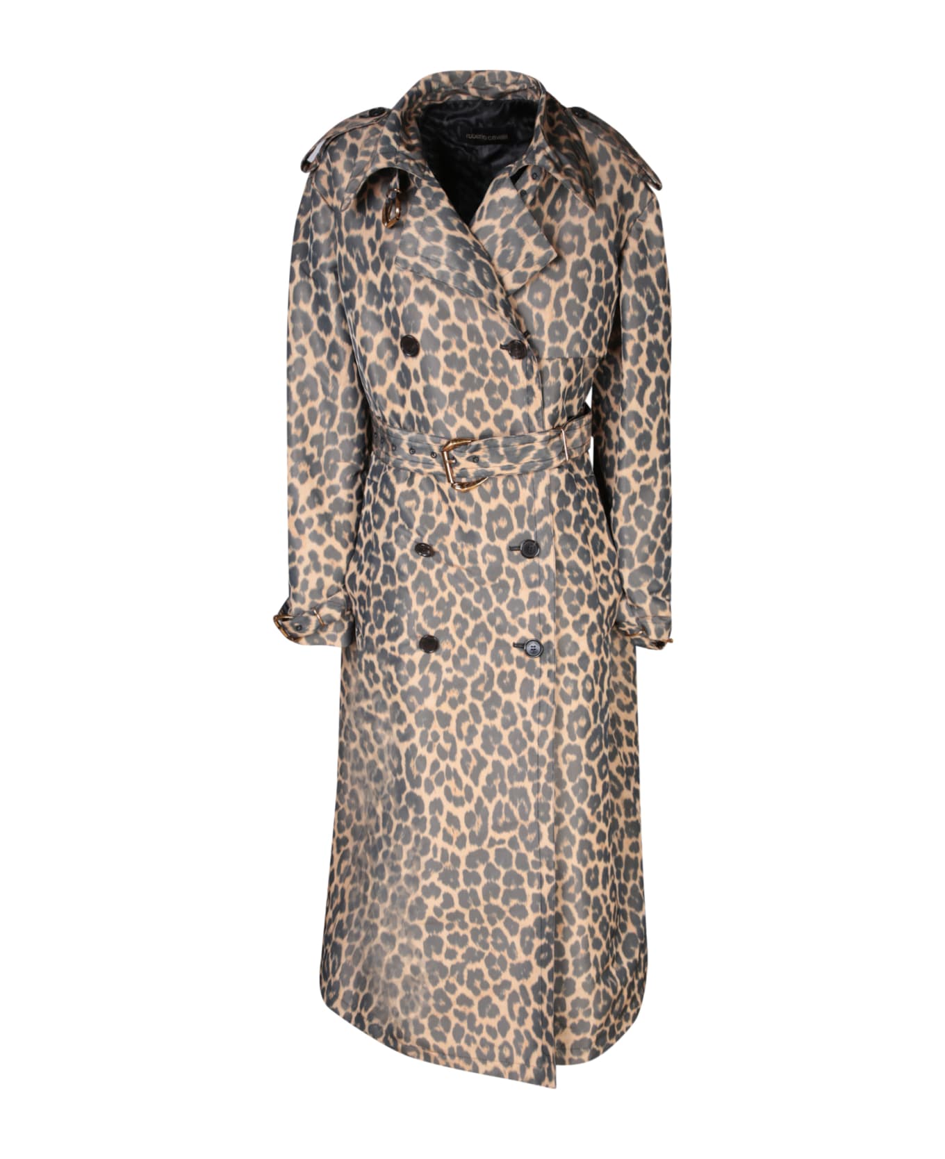 Roberto Cavalli Beige Black Leopard Taffeta Trench - Multi