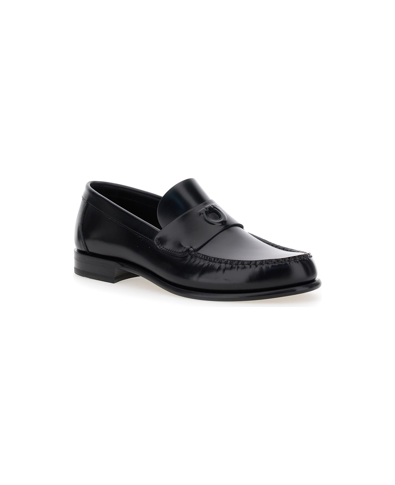 Ferragamo 'bart' Black Loafers With Embossed Gancini Detail On The Front In Leather Man - Black