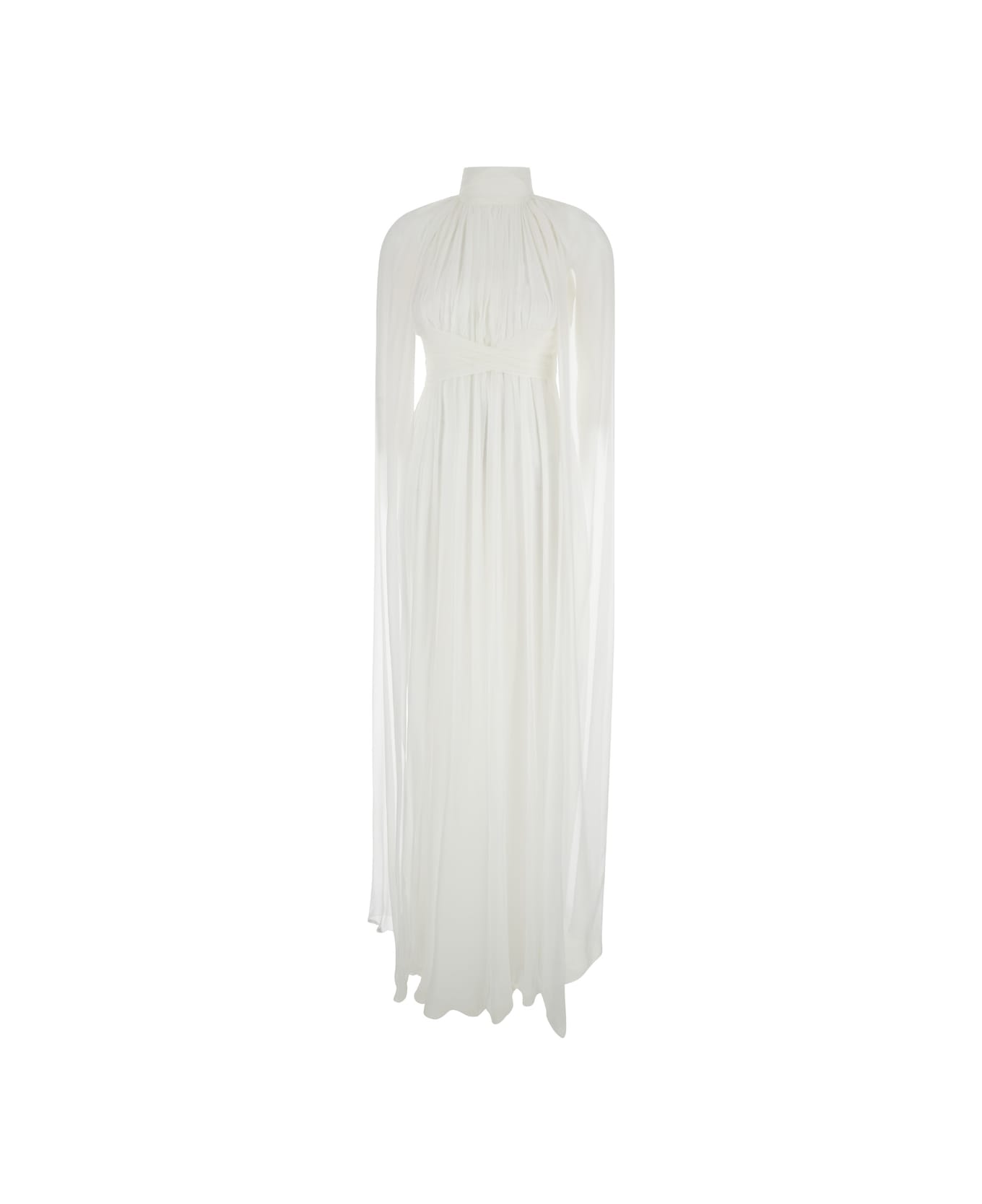 Alberta Ferretti Long White Pleated Dress With Criss-cross Detail In Silk Chiffon Woman - White ワンピース＆ドレス