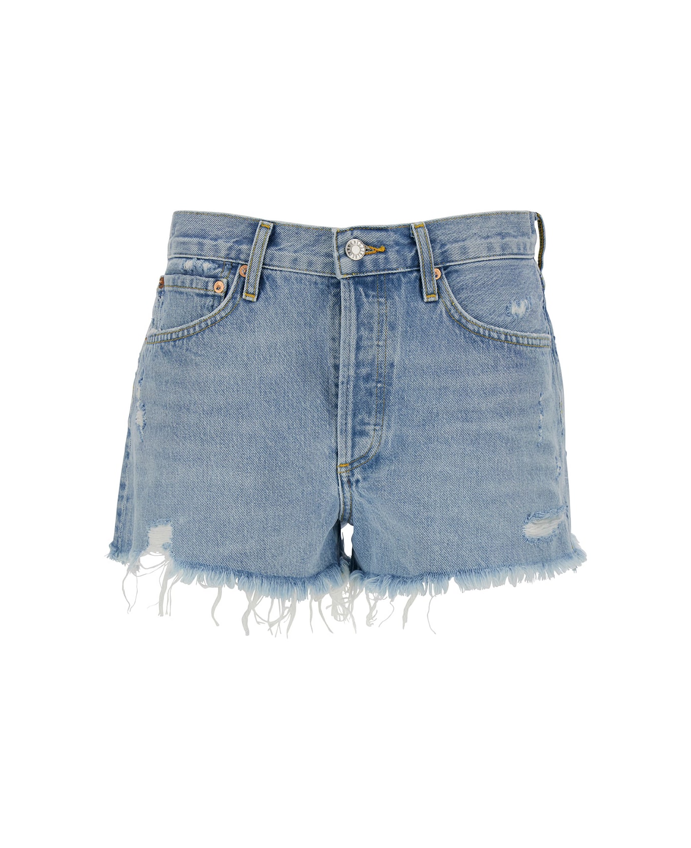 AGOLDE 'parker' Light Blue Shorts With Rips And Raw-edged Hem In Cotton Denim Woman - Blu