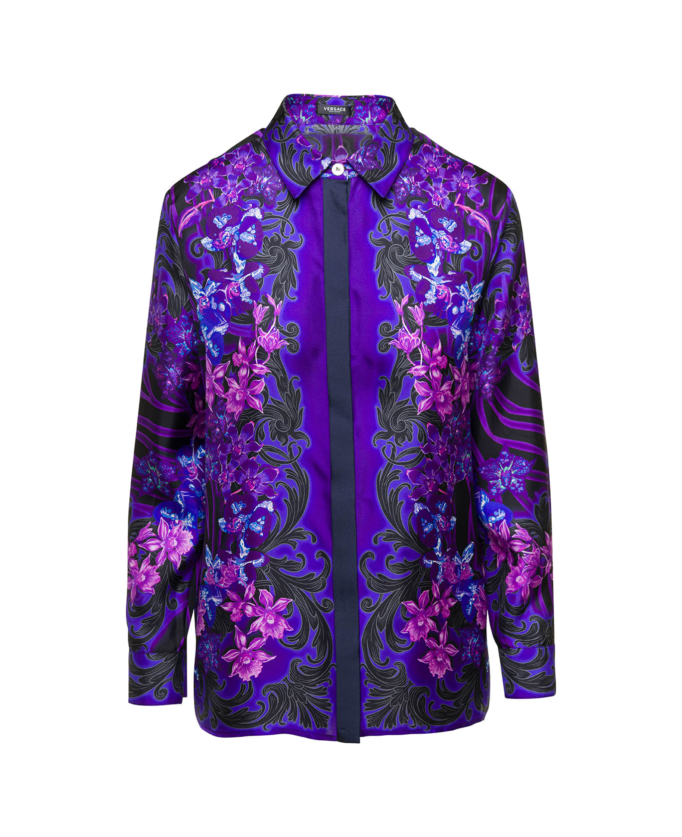 Versace Camicia Con Stampa Orchidee Barocca Viola In Seta Donna - Violet