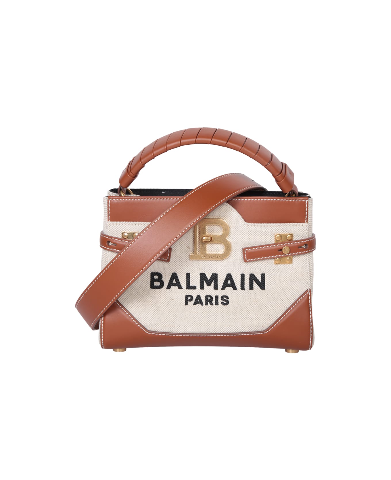 Balmain Bbuzz Top Han Brown Bag In Natural Canvas - Beige