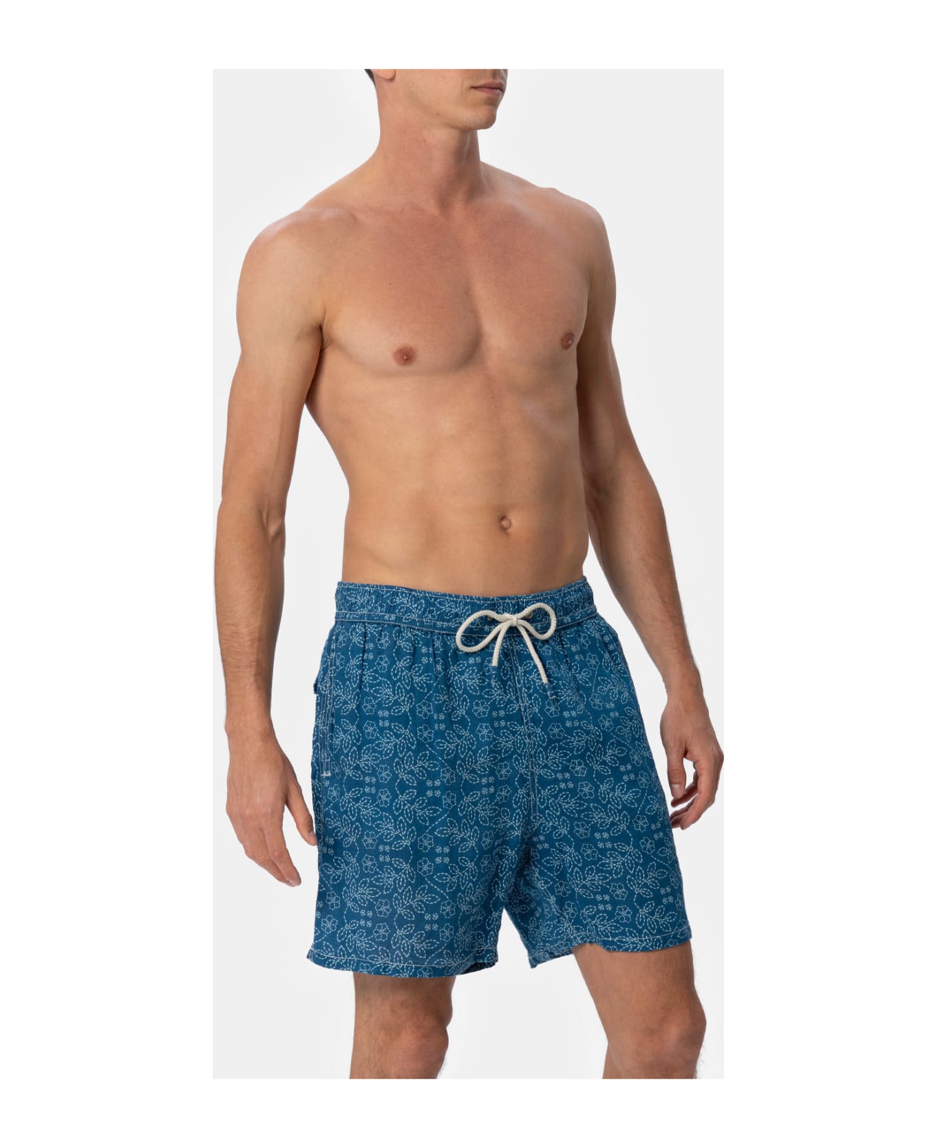 MC2 Saint Barth Man Mid-length Linen Swim-shorts Gustavia With Sashiko Print - BLUE