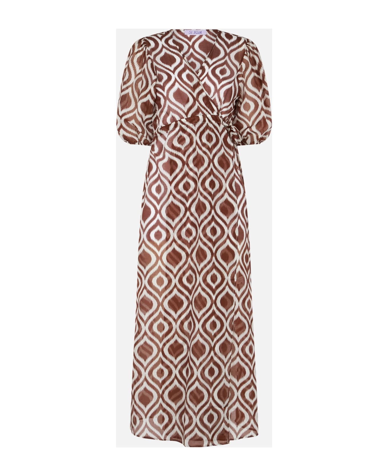 MC2 Saint Barth Cotton And Silk Long Beach Dress Bliss With Ikat Print - BROWN