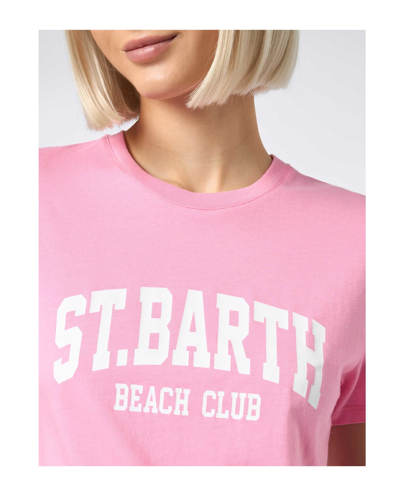 MC2 Saint Barth Woman Cotton Jersey Crewneck T-shirt Emilie With Saint Barth Beach Club Print - PINK