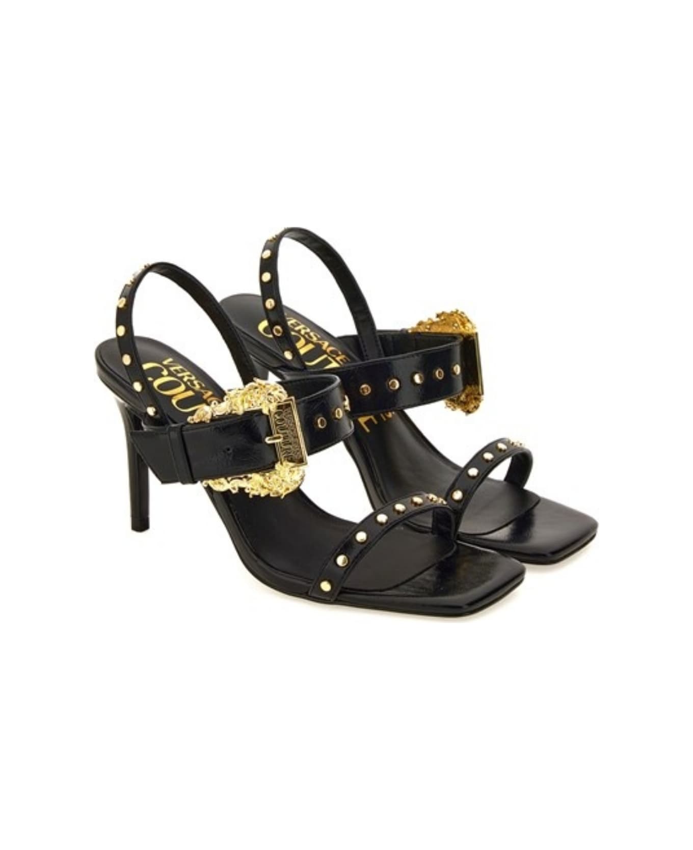 Versace Jeans Couture Open Sandals With Gold Buckle - Black