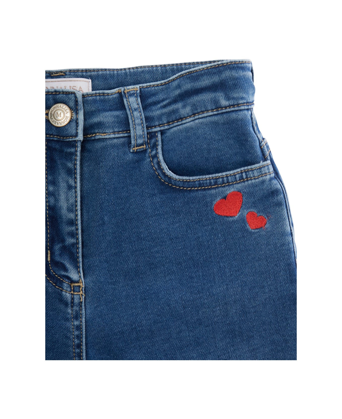 Monnalisa Blue Jeans With Ruched Hem And Logo Lettering Embroidery On The Rear In Denim Girl - Blu