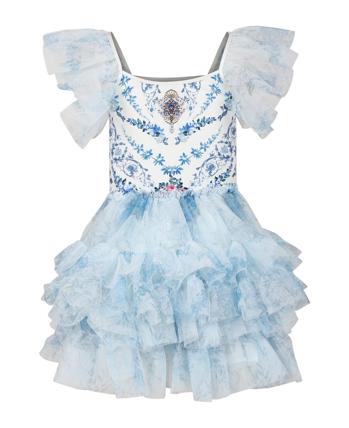 Camilla Light Blue Dress For Girl With Floral Print - Light Blue
