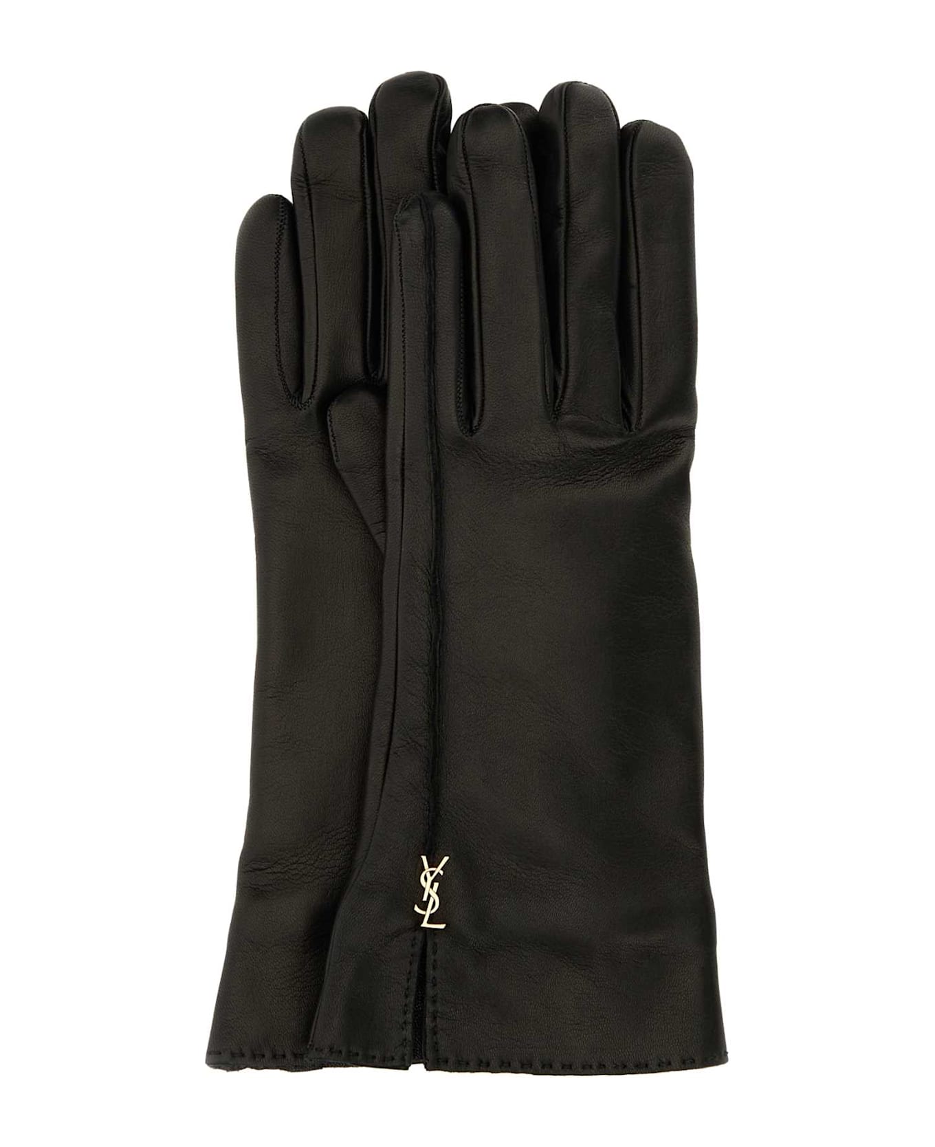 Saint Laurent Black Leather Cassandre Gloves - Black