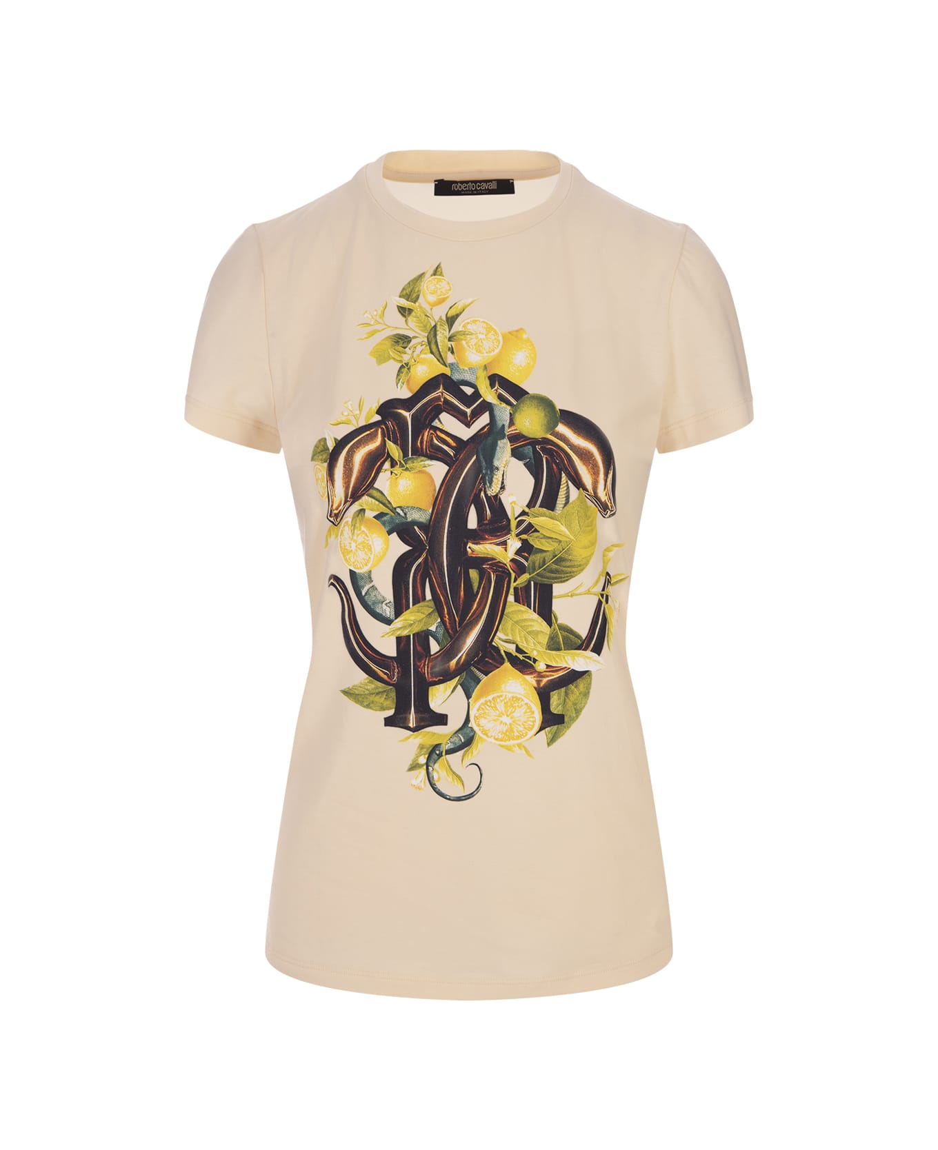 Roberto Cavalli Ivory T-shirt With Lemons And Snake Print - White Tシャツ