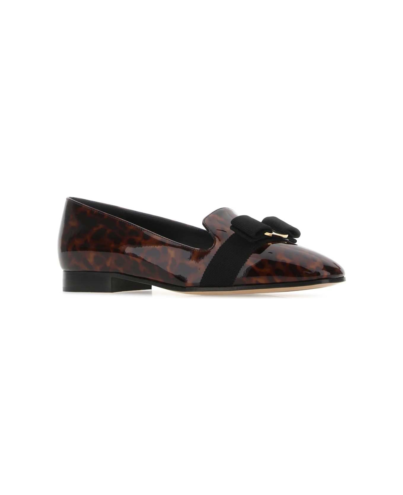 Ferragamo Printed Leather Laufer Ballerinas - BROWNNERO