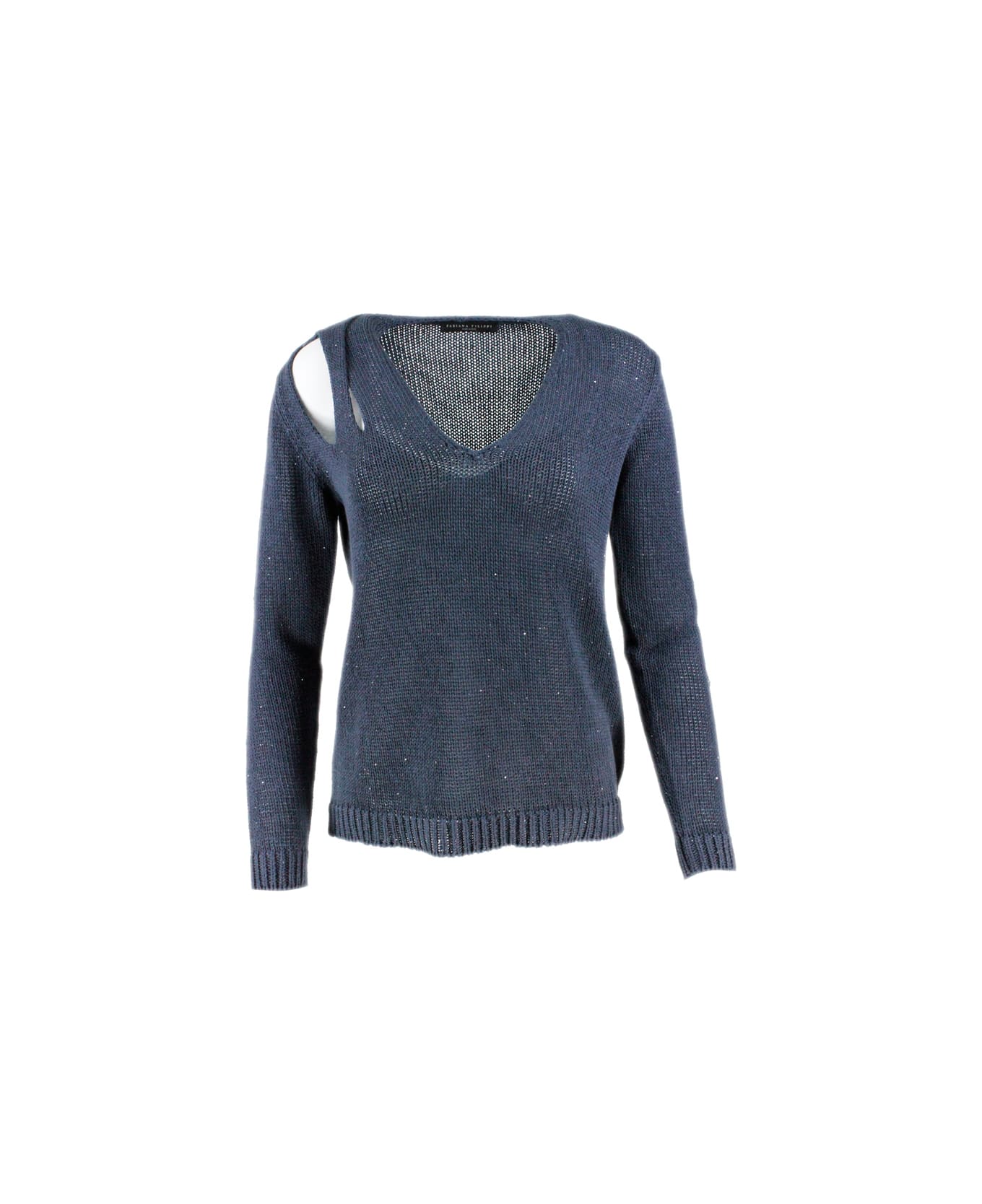 Fabiana Filippi V-neck Sweater In Cotton And Linen With Woven Sequins Open On The Shoulder - Blu ニットウェア