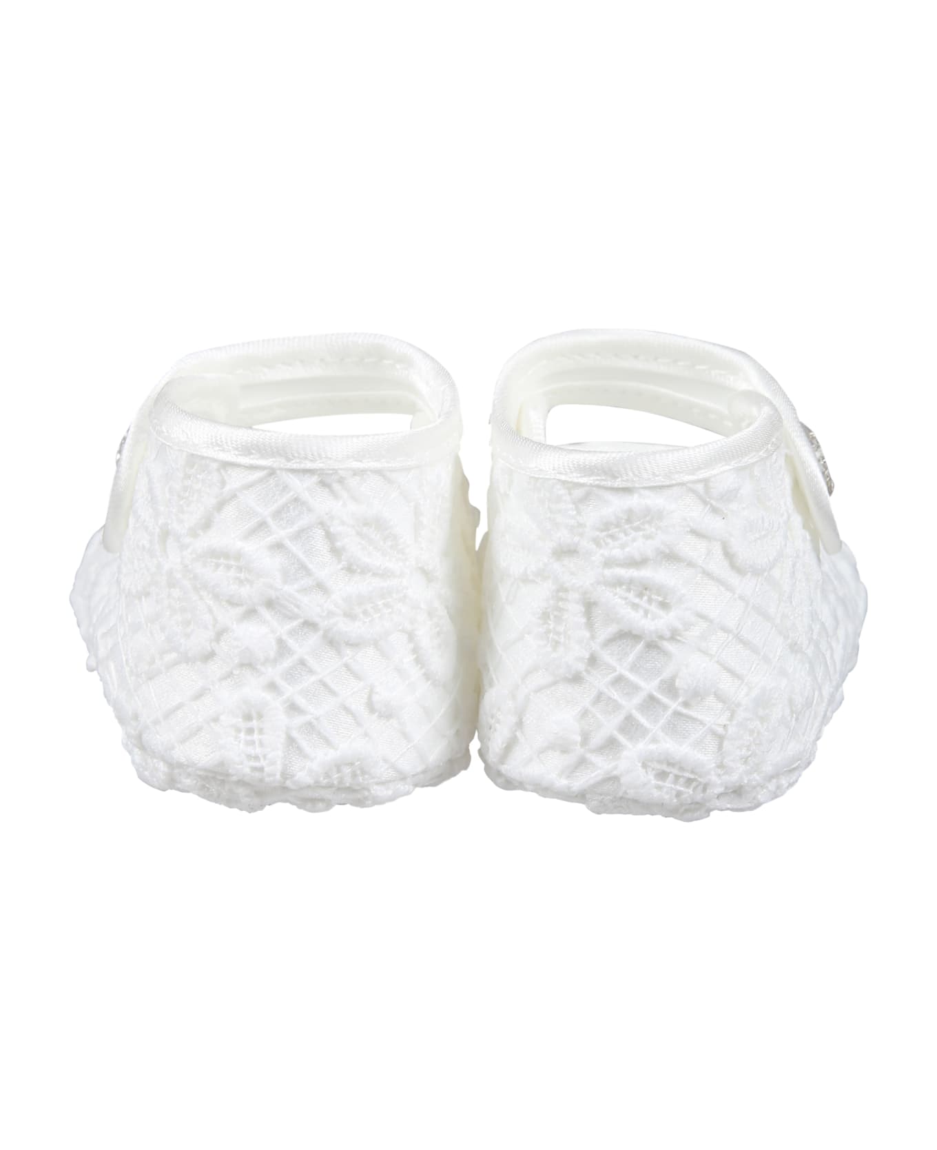 Monnalisa White Flat Shoes For Baby Girl In Dentelle Macramé - White