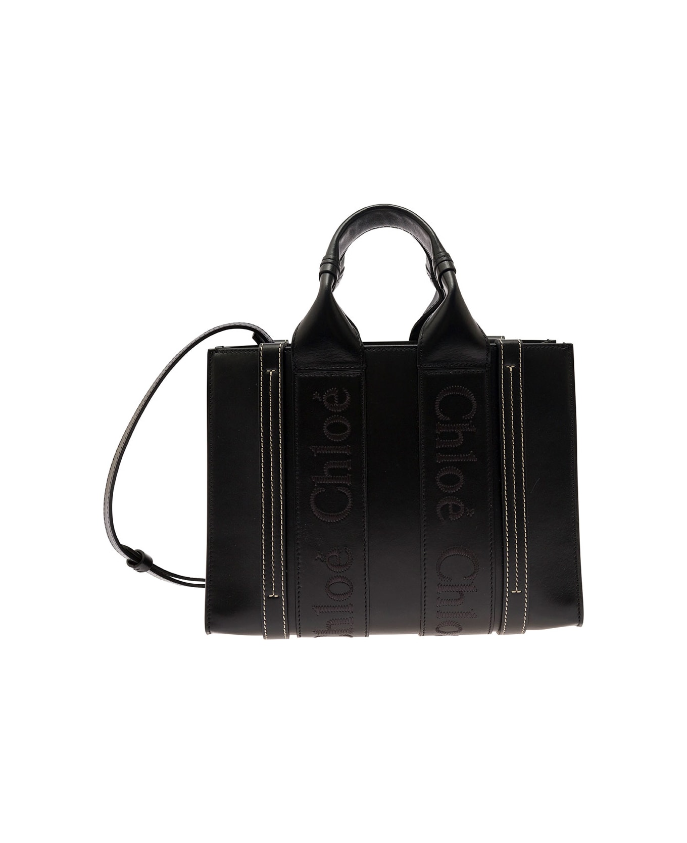 Chloé 'small Woody' Black Tote Bag With Tonal Logo Detail In Leather Woman - Black
