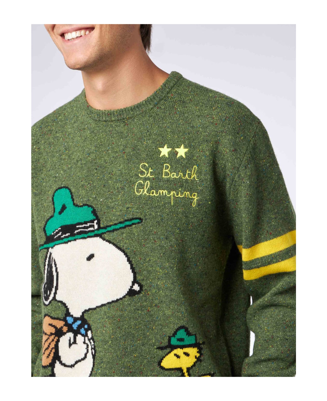MC2 Saint Barth Man Crewneck Donegal Sweater With Snoopy Jacquard | Snoopy - ©peanuts Special Edition - GREEN