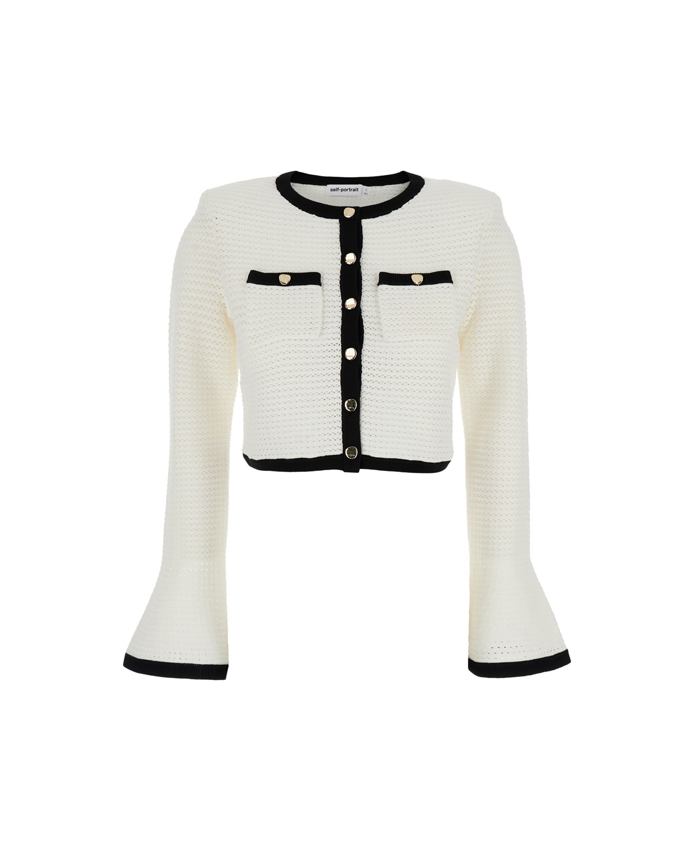 self-portrait White Knit Cardigan With Contrasting Trim In Fabric Woman - White