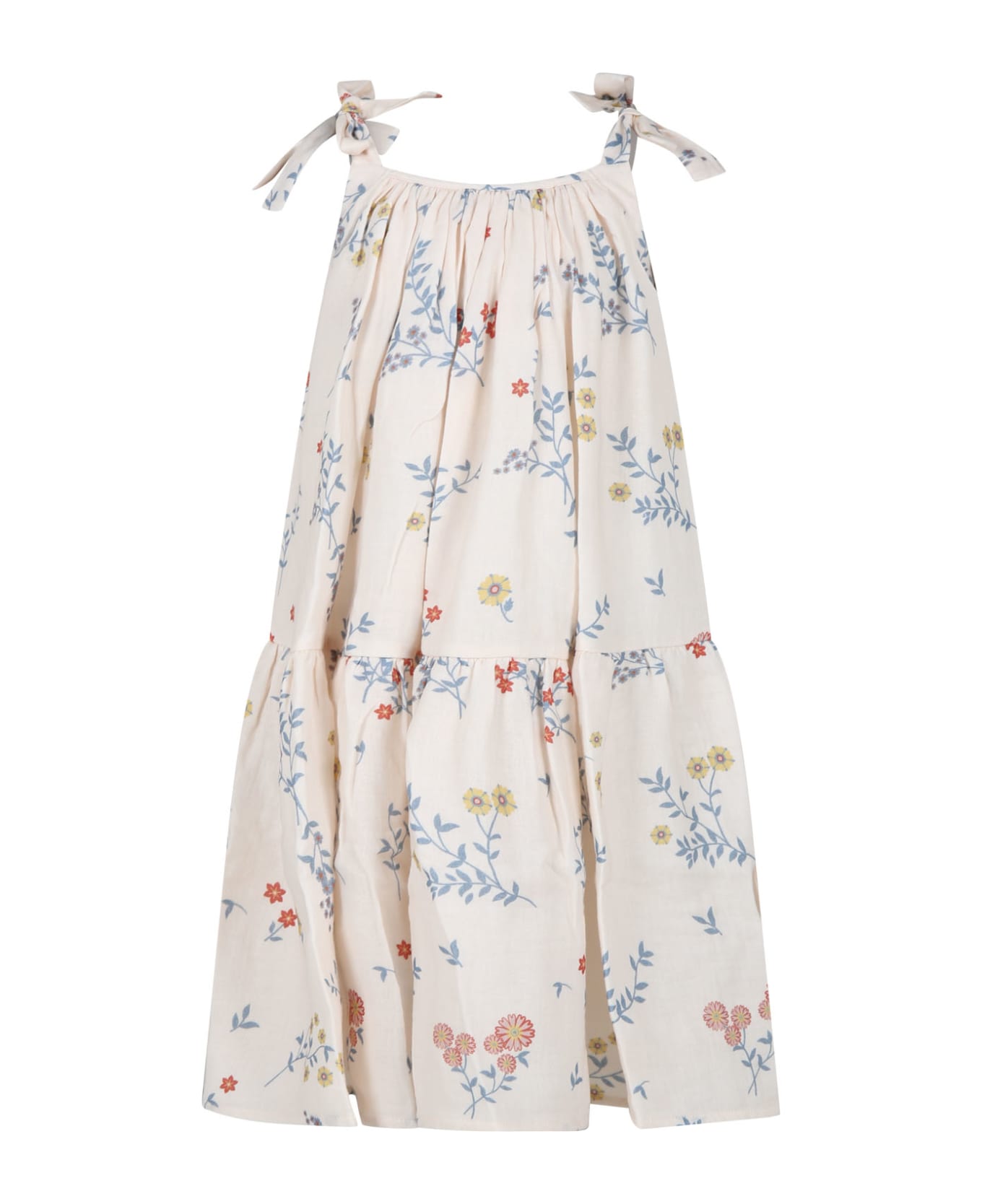 Coco Au Lait Ivory Dress For Girl With Flowers Print - Ivory ワンピース＆ドレス