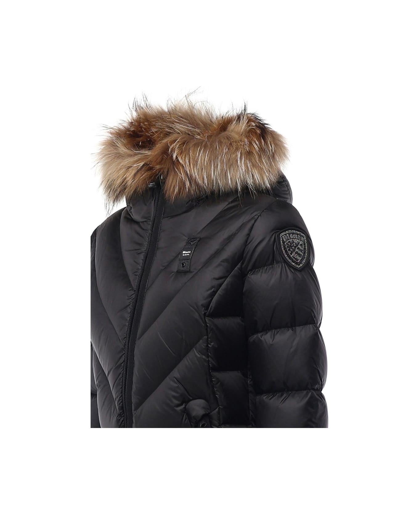 Blauer Long Down Jacket With Geometric Lines Althea - Black/sky