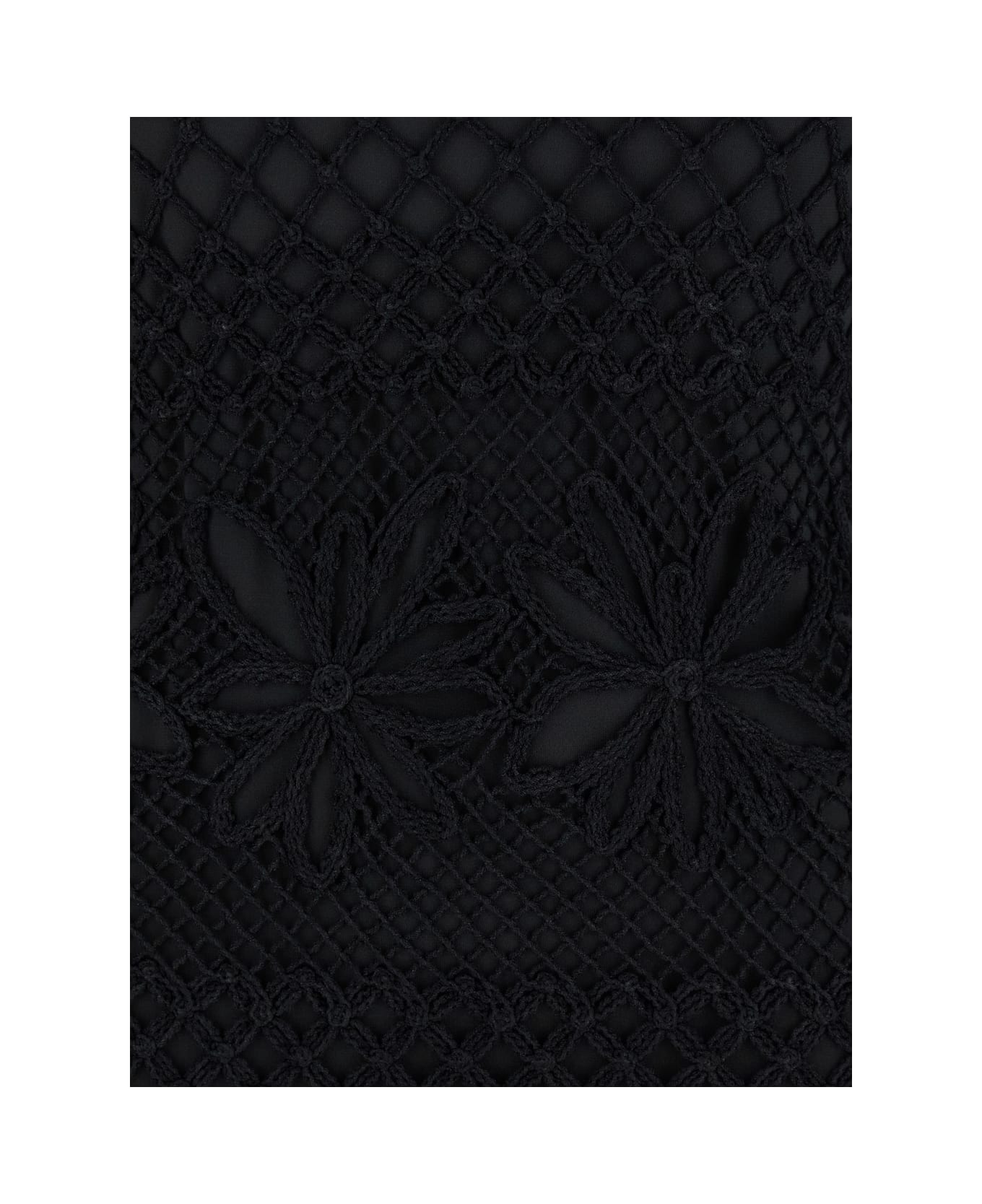 Pinko Black Crewneck Long Dress With Fishnet Design And All-over Floral Embroidery - NERO LIMOUSINE