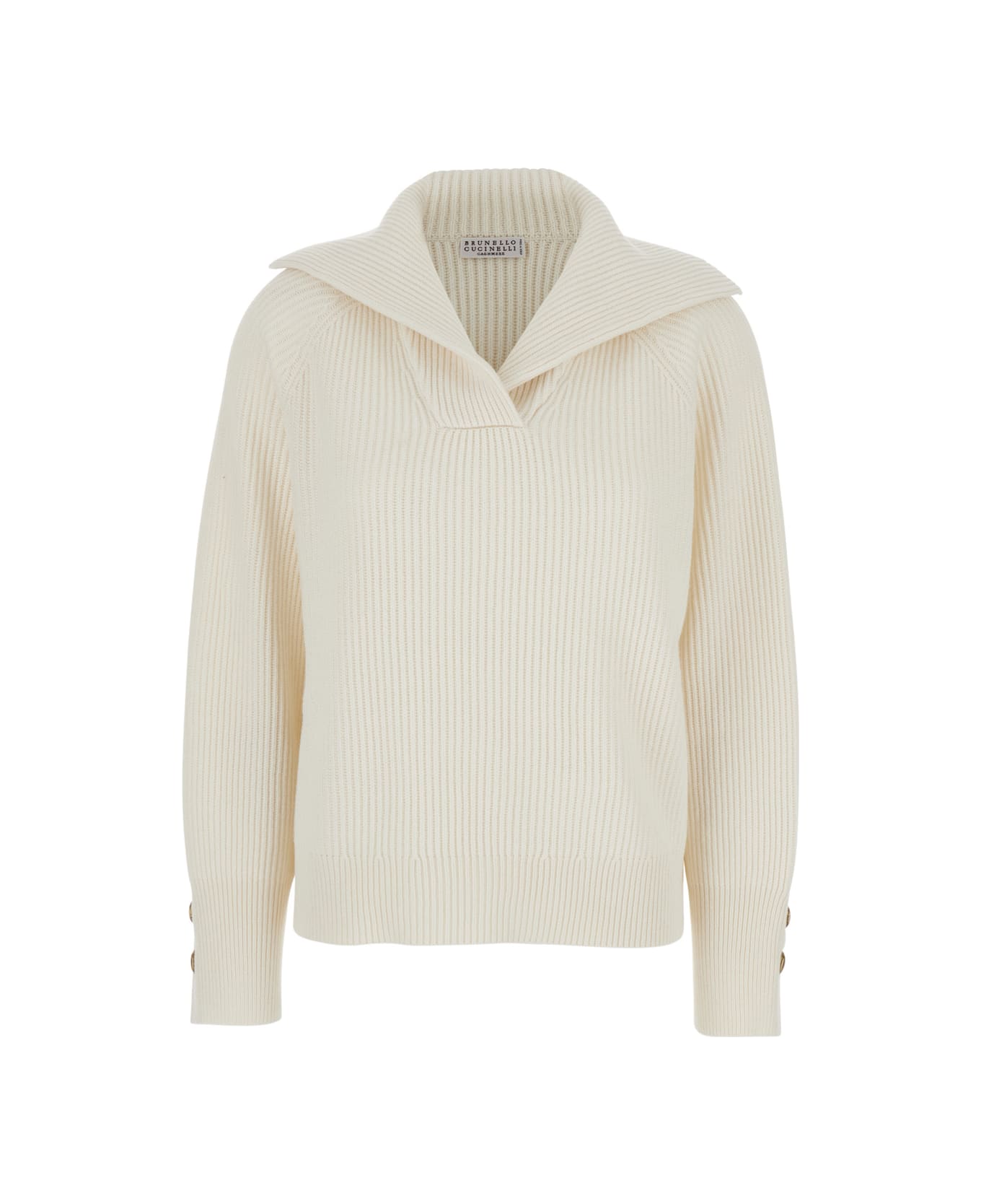 Brunello Cucinelli White Ribbed Knit Sweater With V Neck In Wool And Cashmere Blend Woman - White