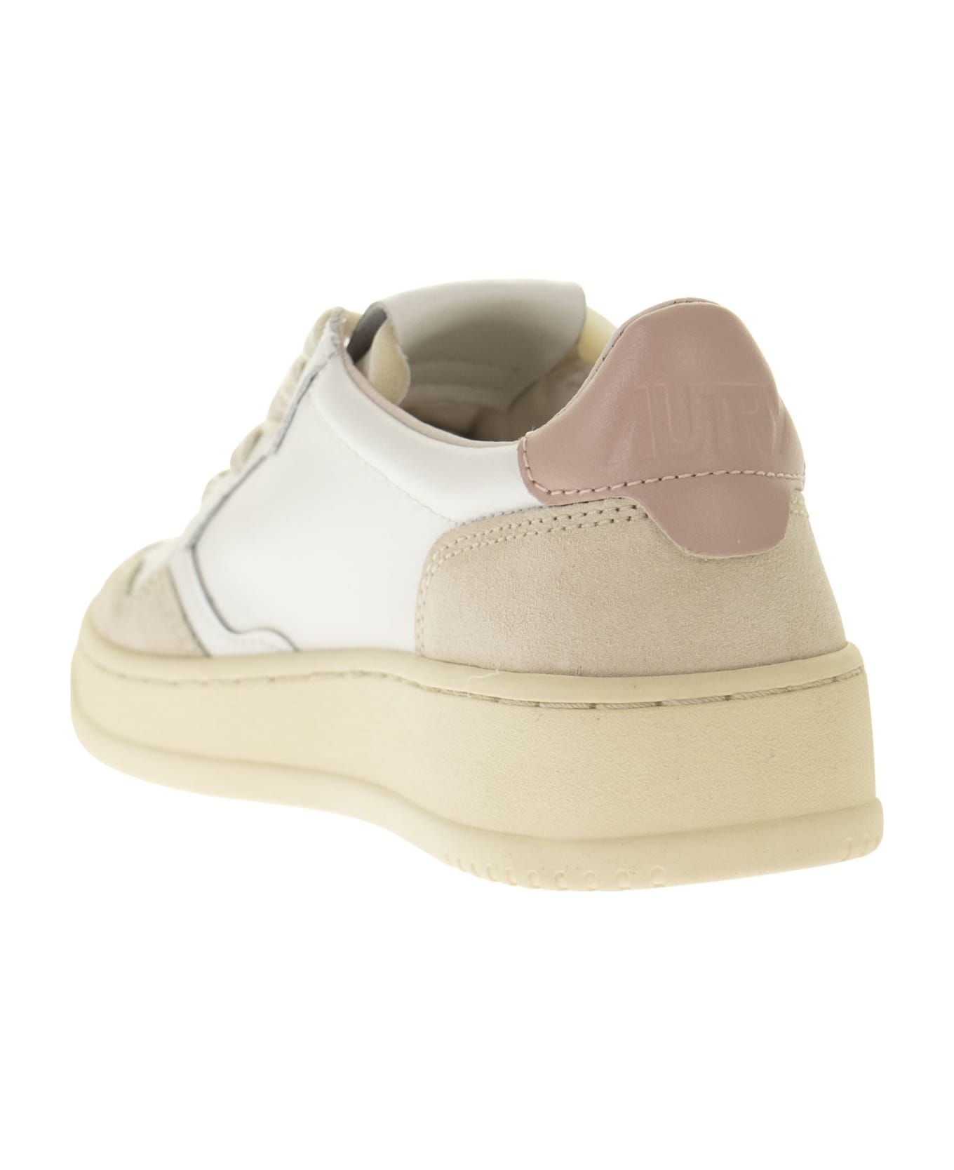 Autry Medalist Low - Leather And Suede Sneakers - White/pink/beige